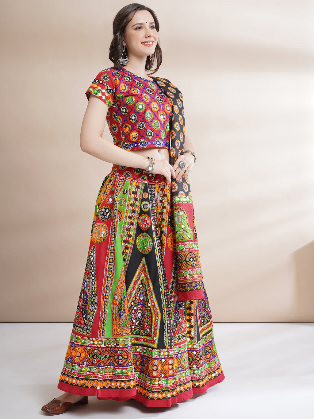 Banjara India Cotton Long Flair Aari Embroidery Kutch Work (Lehenga Choli) Chaniya Choli Set with Dupatta-(FSCC-Rath)Red