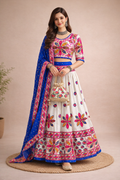 Banjara India Cotton Long Flair Aari Embroidery Kutch Work (Lehenga Choli) Chaniya Choli Set with Dupatta -Rajwadi-White