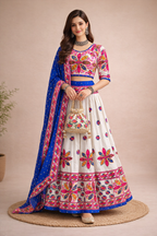 Banjara India Cotton Long Flair Aari Embroidery Kutch Work (Lehenga Choli) Chaniya Choli Set with Dupatta -Rajwadi-White