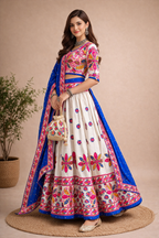 Banjara India Cotton Long Flair Aari Embroidery Kutch Work (Lehenga Choli) Chaniya Choli Set with Dupatta -Rajwadi-White