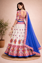 Banjara India Cotton Long Flair Aari Embroidery Kutch Work (Lehenga Choli) Chaniya Choli Set with Dupatta -Rajwadi-White