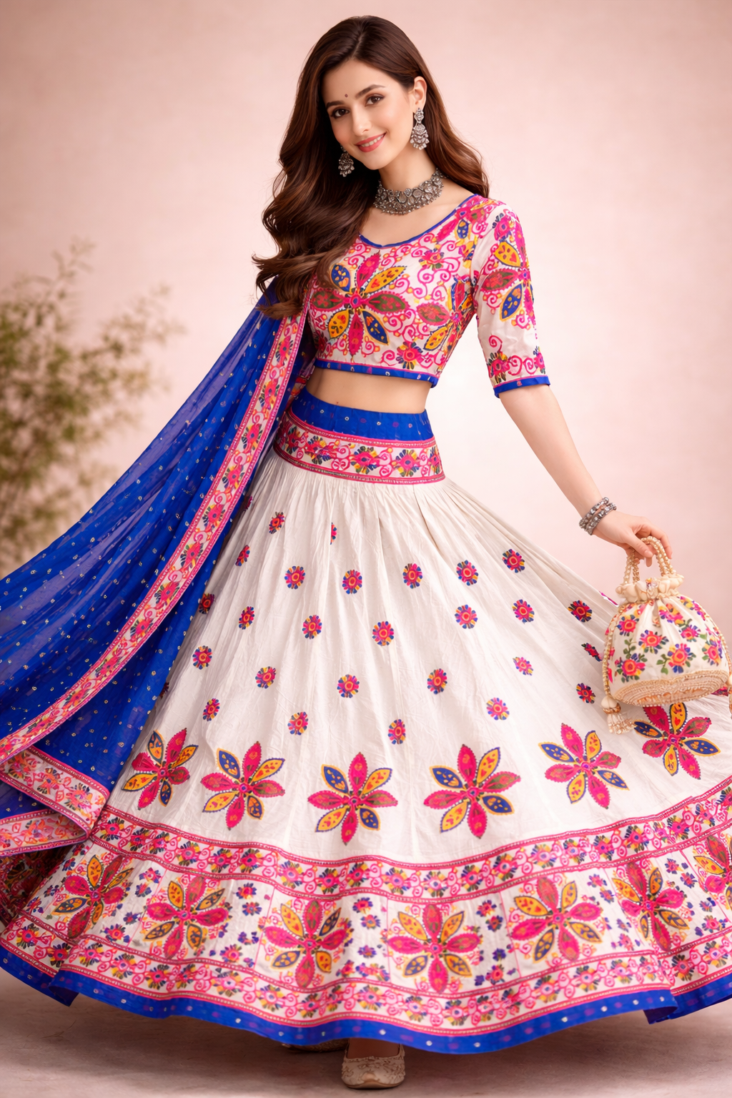 Banjara India Cotton Long Flair Aari Embroidery Kutch Work (Lehenga Choli) Chaniya Choli Set with Dupatta -Rajwadi-White