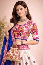 Banjara India Cotton Long Flair Aari Embroidery Kutch Work (Lehenga Choli) Chaniya Choli Set with Dupatta -Rajwadi-White