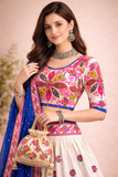 Banjara India Cotton Long Flair Aari Embroidery Kutch Work (Lehenga Choli) Chaniya Choli Set with Dupatta -Rajwadi-White