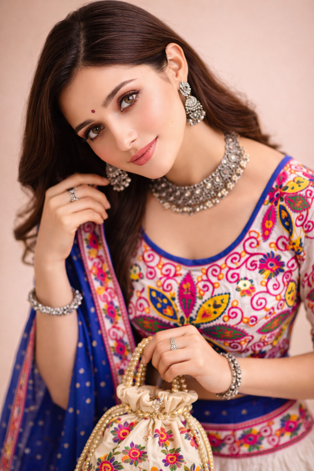 Banjara India Cotton Long Flair Aari Embroidery Kutch Work (Lehenga Choli) Chaniya Choli Set with Dupatta -Rajwadi-White