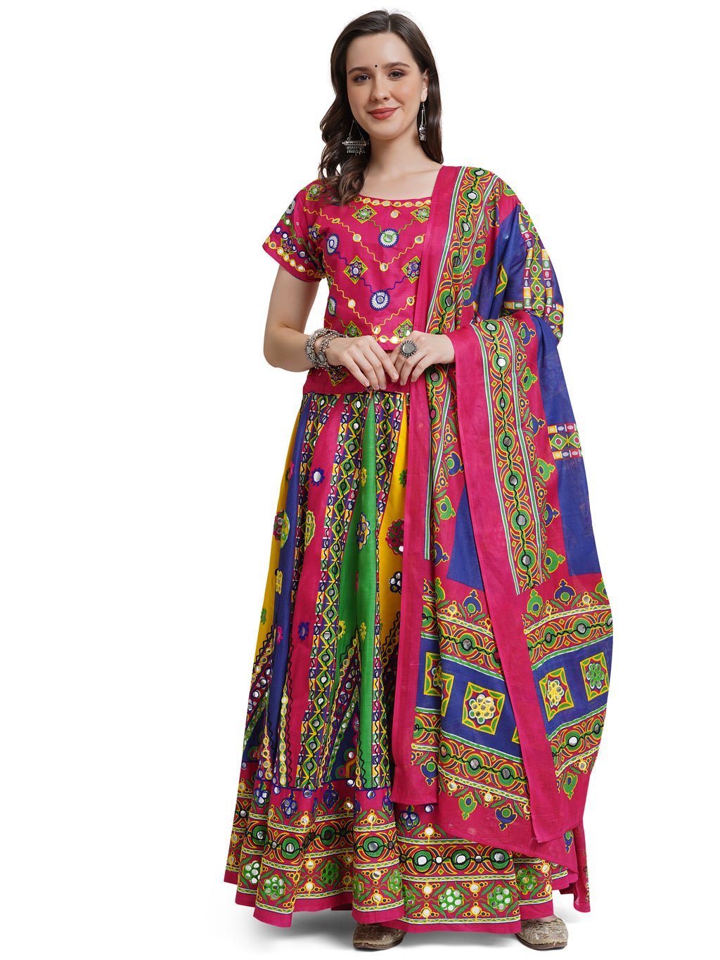 Banjara India Cotton Long Flair Aari Embroidery Kutch Work (Lehenga Choli) Chaniya Choli Set with Dupatta-(FSCC-Triangle)Pink
