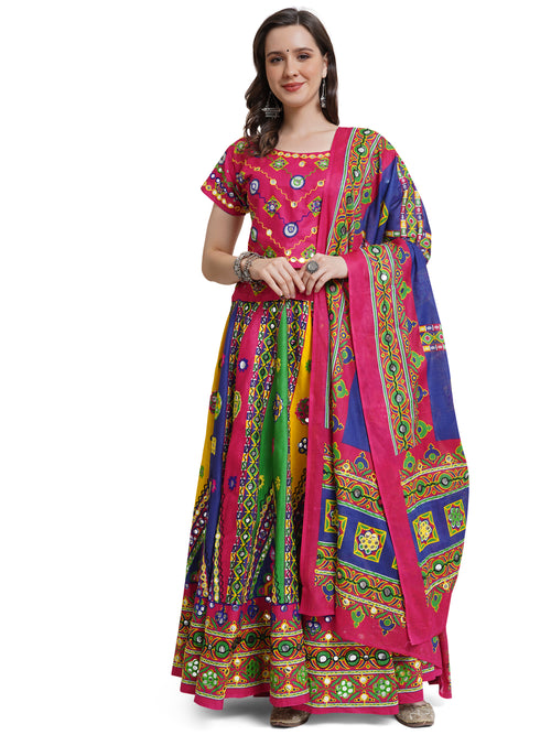Banjara India Cotton Long Flair Aari Embroidery Kutch Work (Lehenga Choli) Chaniya Choli Set with Dupatta-(FSCC-Triangle)Pink