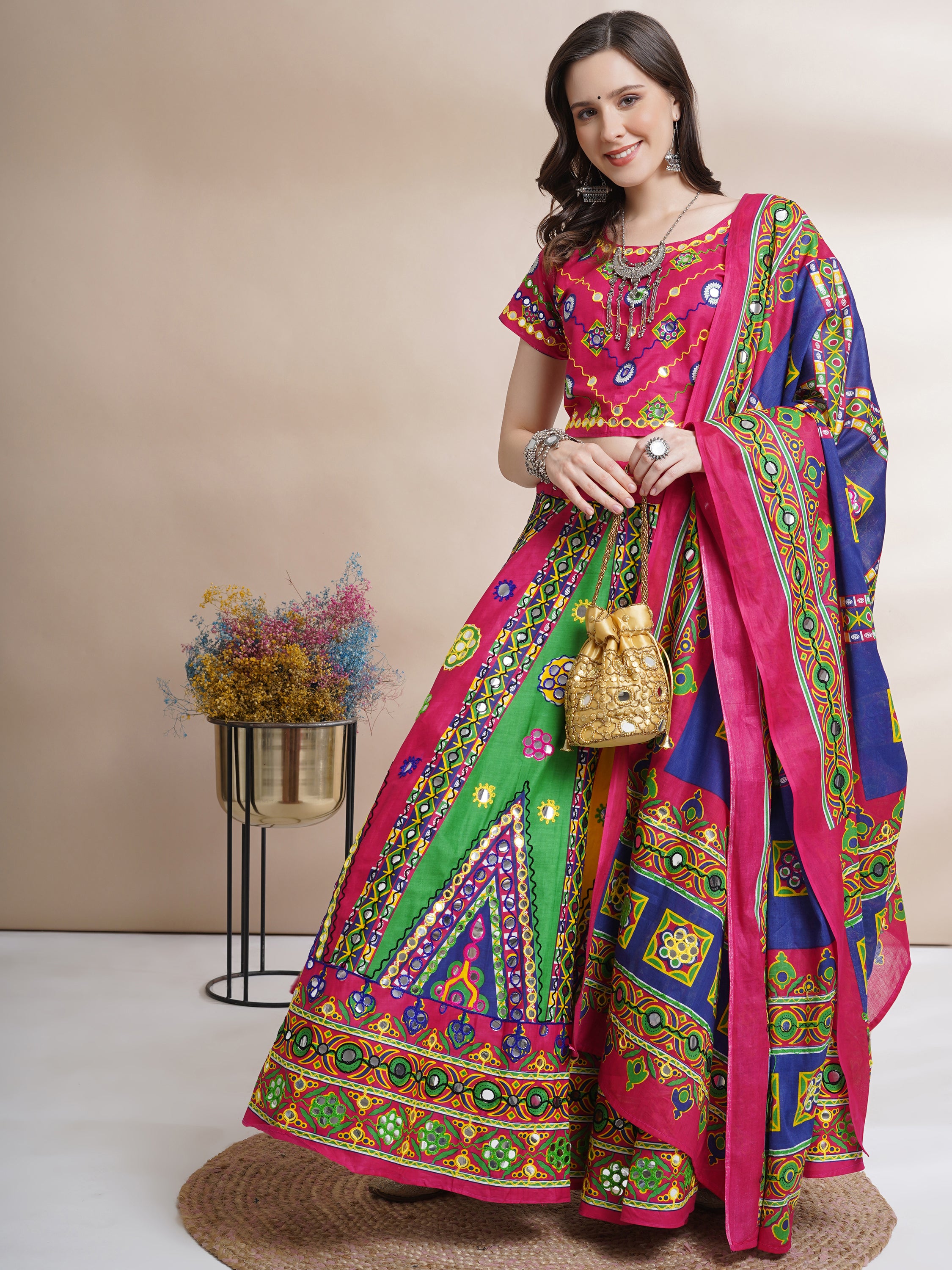 Banjara India Cotton Long Flair Aari Embroidery Kutch Work (Lehenga Choli) Chaniya Choli Set with Dupatta-(FSCC-Triangle)Pink
