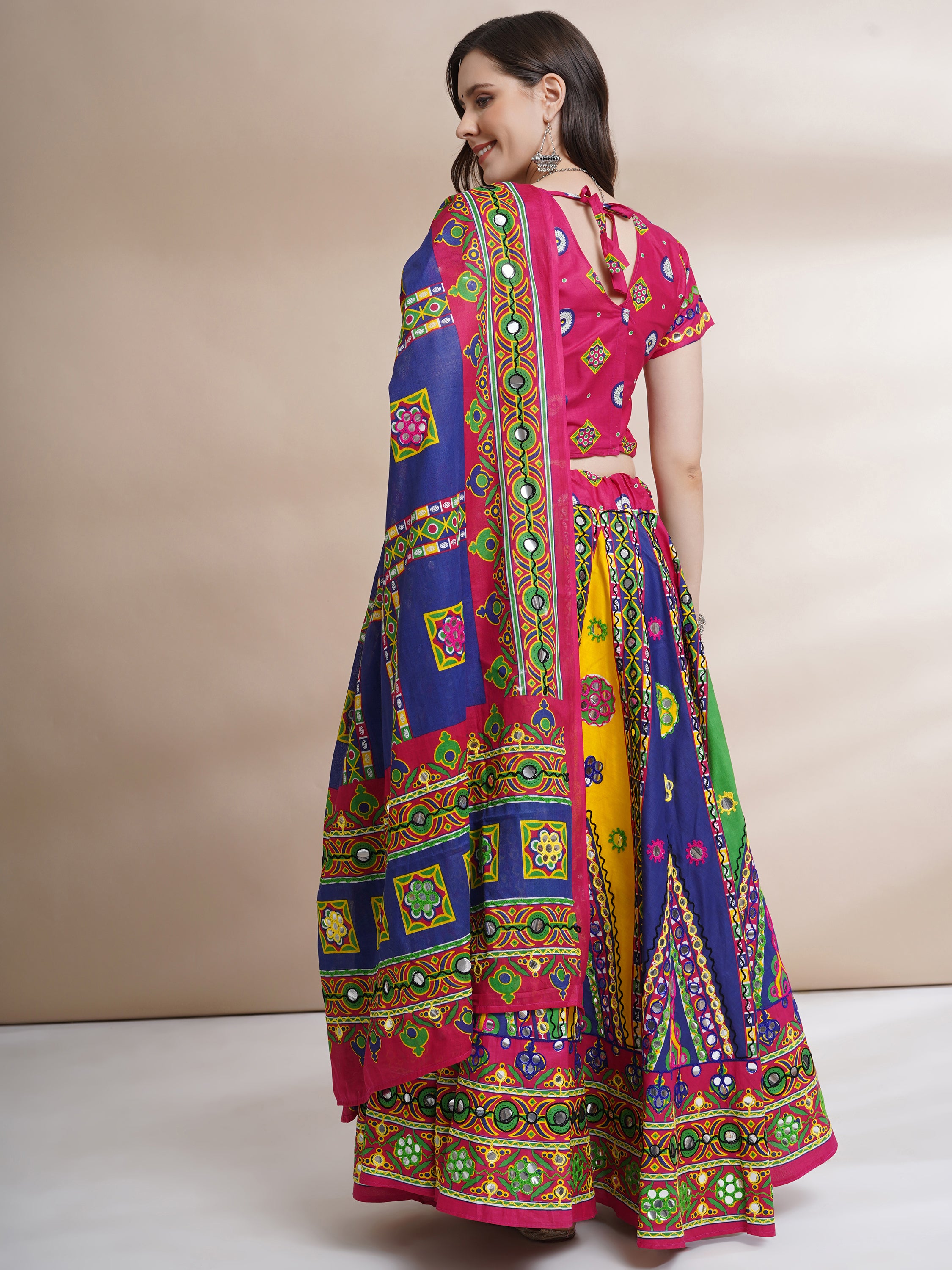 Banjara India Cotton Long Flair Aari Embroidery Kutch Work (Lehenga Choli) Chaniya Choli Set with Dupatta-(FSCC-Triangle)Pink