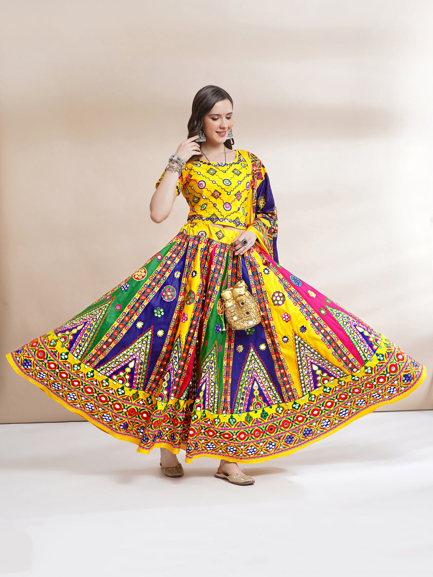 Banjara India Cotton Long Flair Aari Embroidery Kutch Work (Lehenga Choli) Chaniya Choli Set with Dupatta-(FSCC-Triangle)Yellow