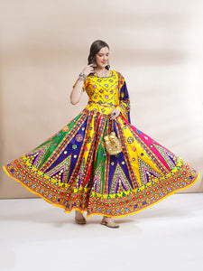 Banjara India Cotton Long Flair Aari Embroidery Kutch Work (Lehenga Choli) Chaniya Choli Set with Dupatta-(FSCC-Triangle)Yellow