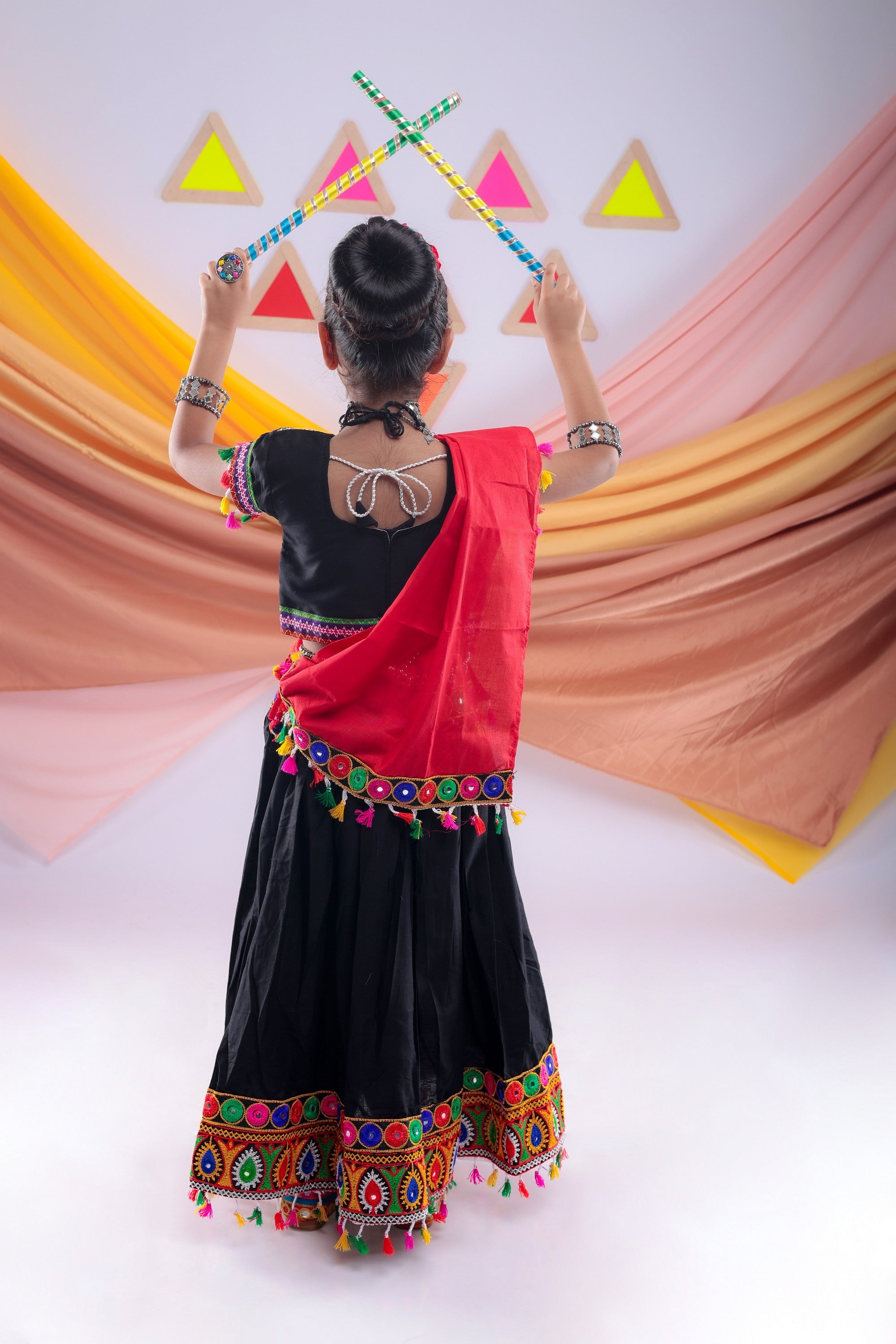 Banjara India Kutchi Embroidered Yellow Girls Chaniya Choli with Dupatta (CC1 DROP) - BLACK