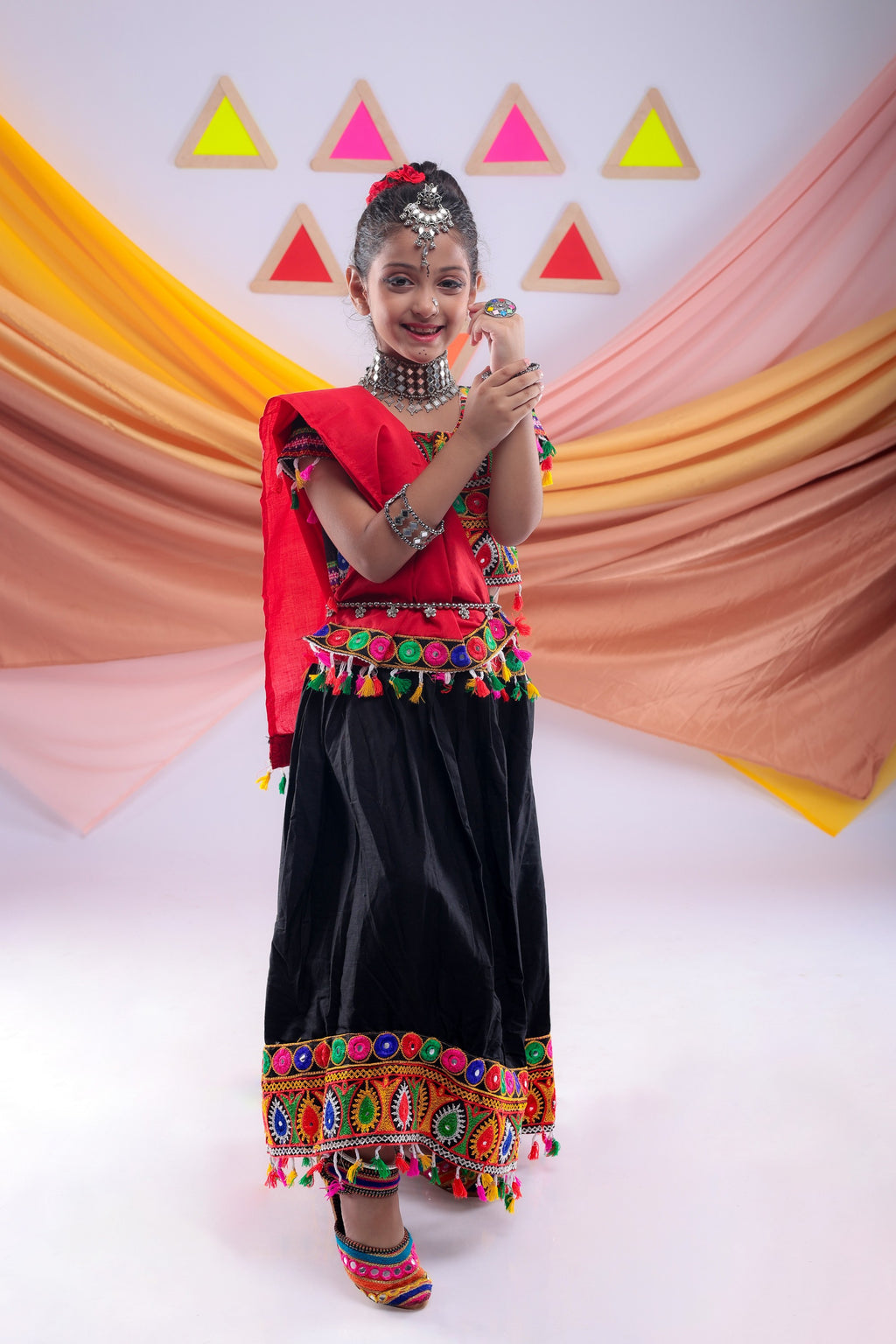 Banjara India Kutchi Embroidered Yellow Girls Chaniya Choli with Dupatta (CC1 DROP) - BLACK