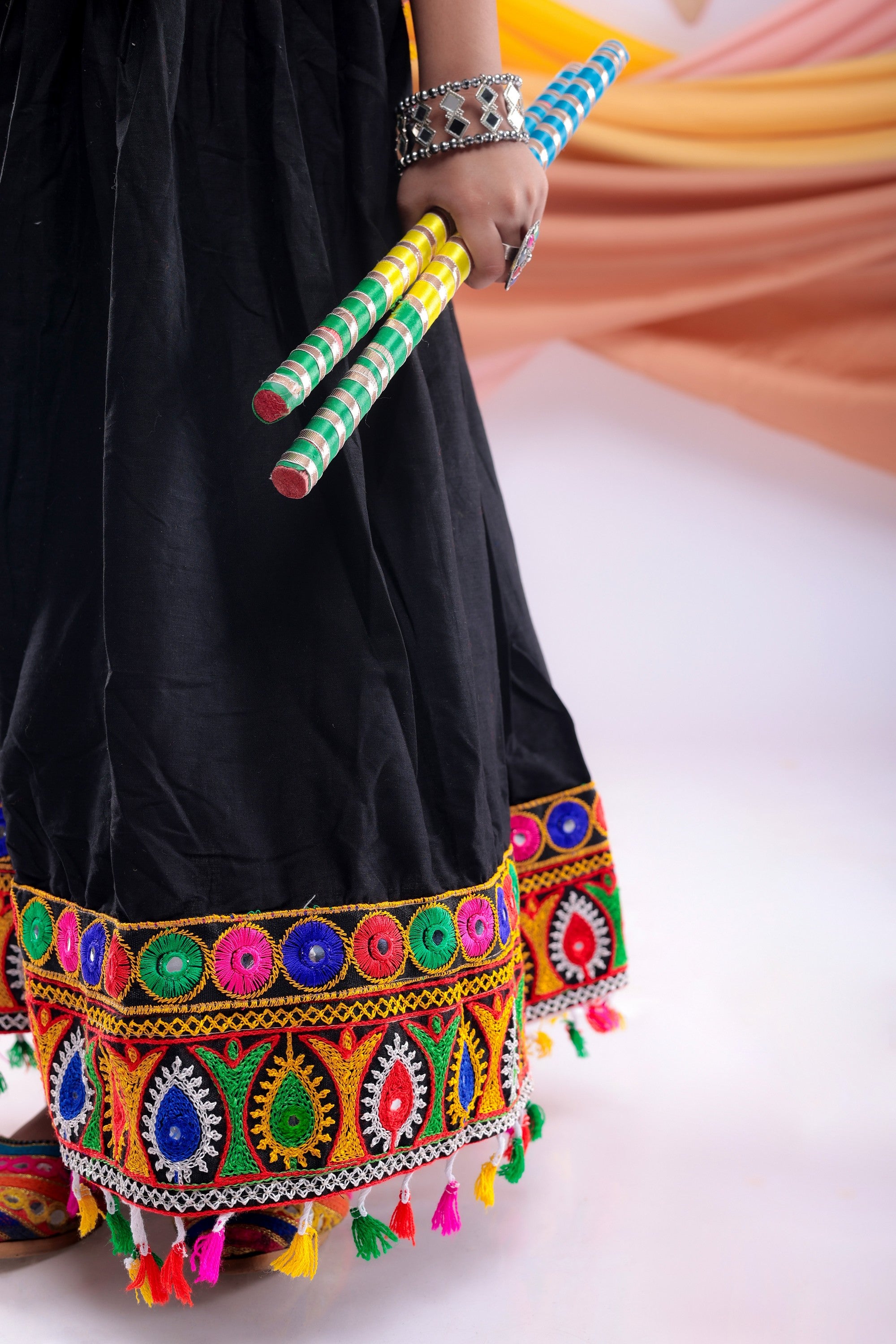 Banjara India Kutchi Embroidered Yellow Girls Chaniya Choli with Dupatta (CC1 DROP) - BLACK