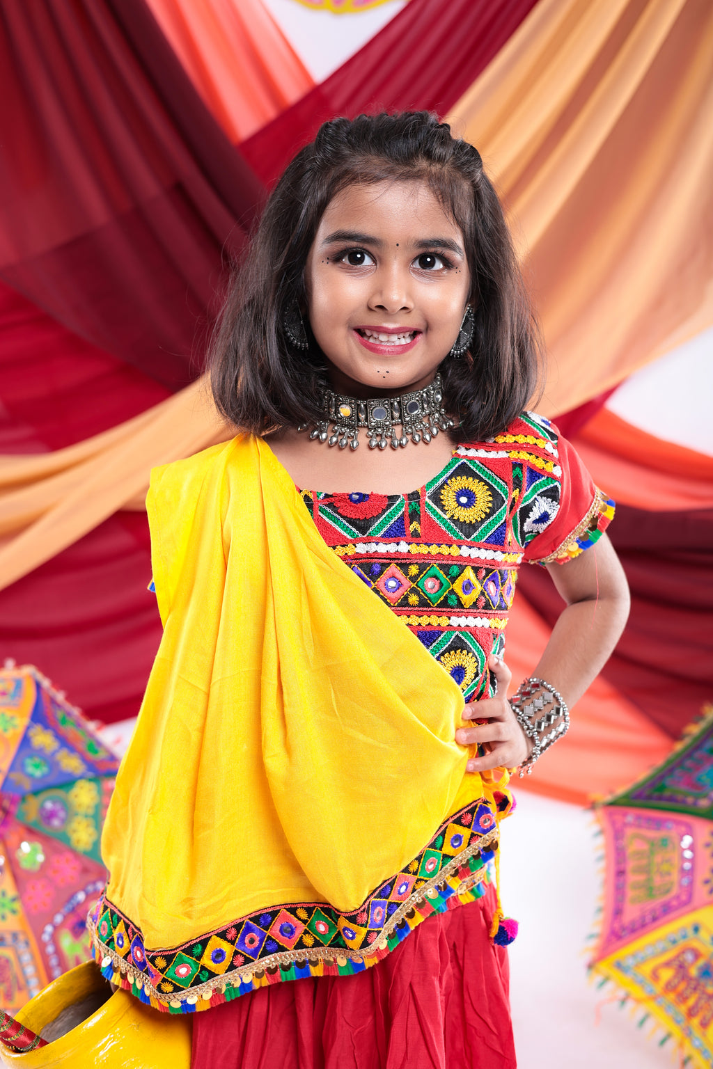 Banjara India Kutchi Emboidered Black Girls Chaniya Choli with Dupatta (CC-DMND) - Red