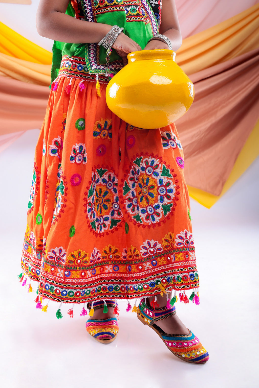 Banjara India Kutchi Emboidered Orange Girls Chaniya Choli with Dupatta (CC-RING) - Orange