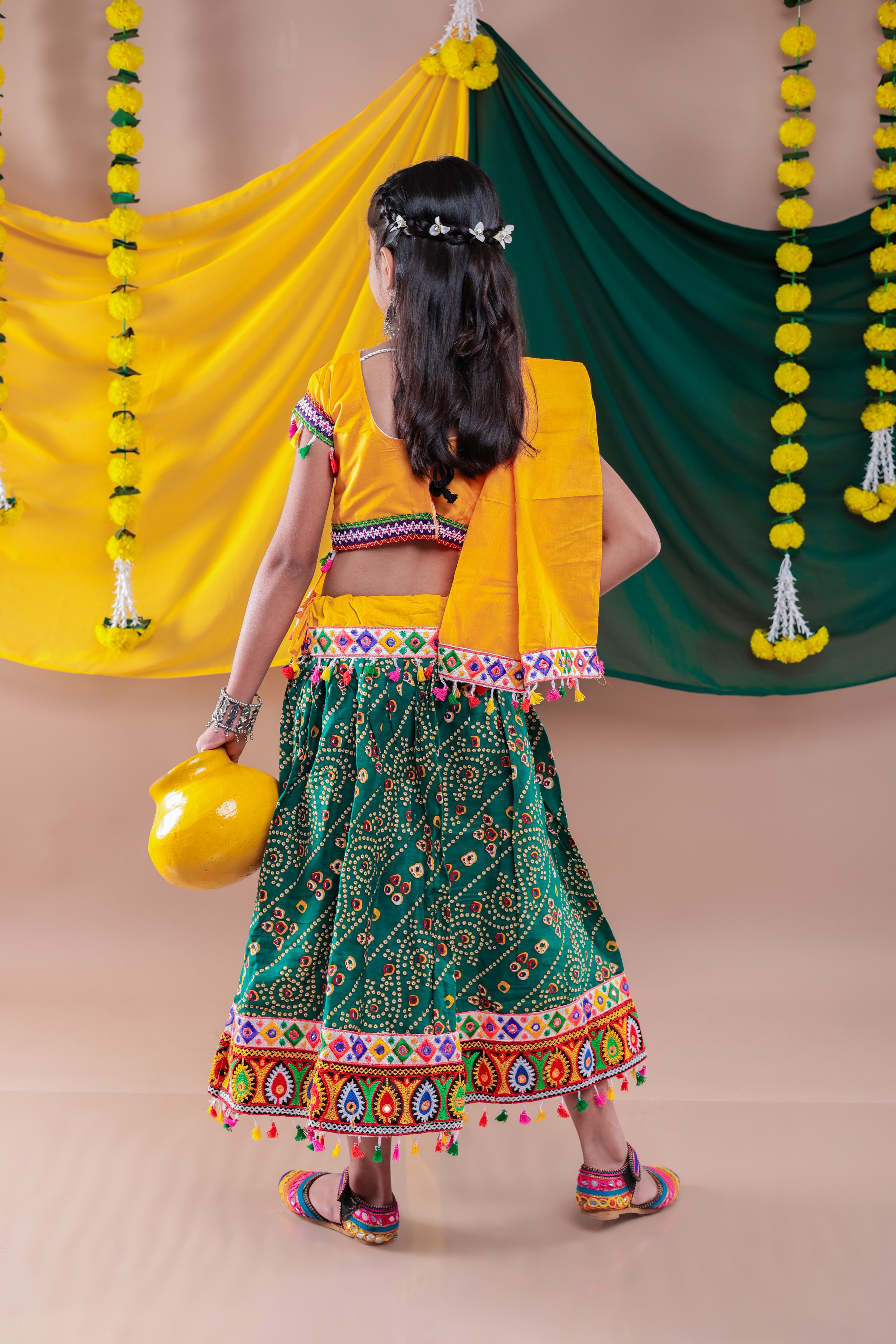 Banjara India Kutchi Emboidered Black Girls Chaniya Choli with Dupatta (CC1-RJS) - Green