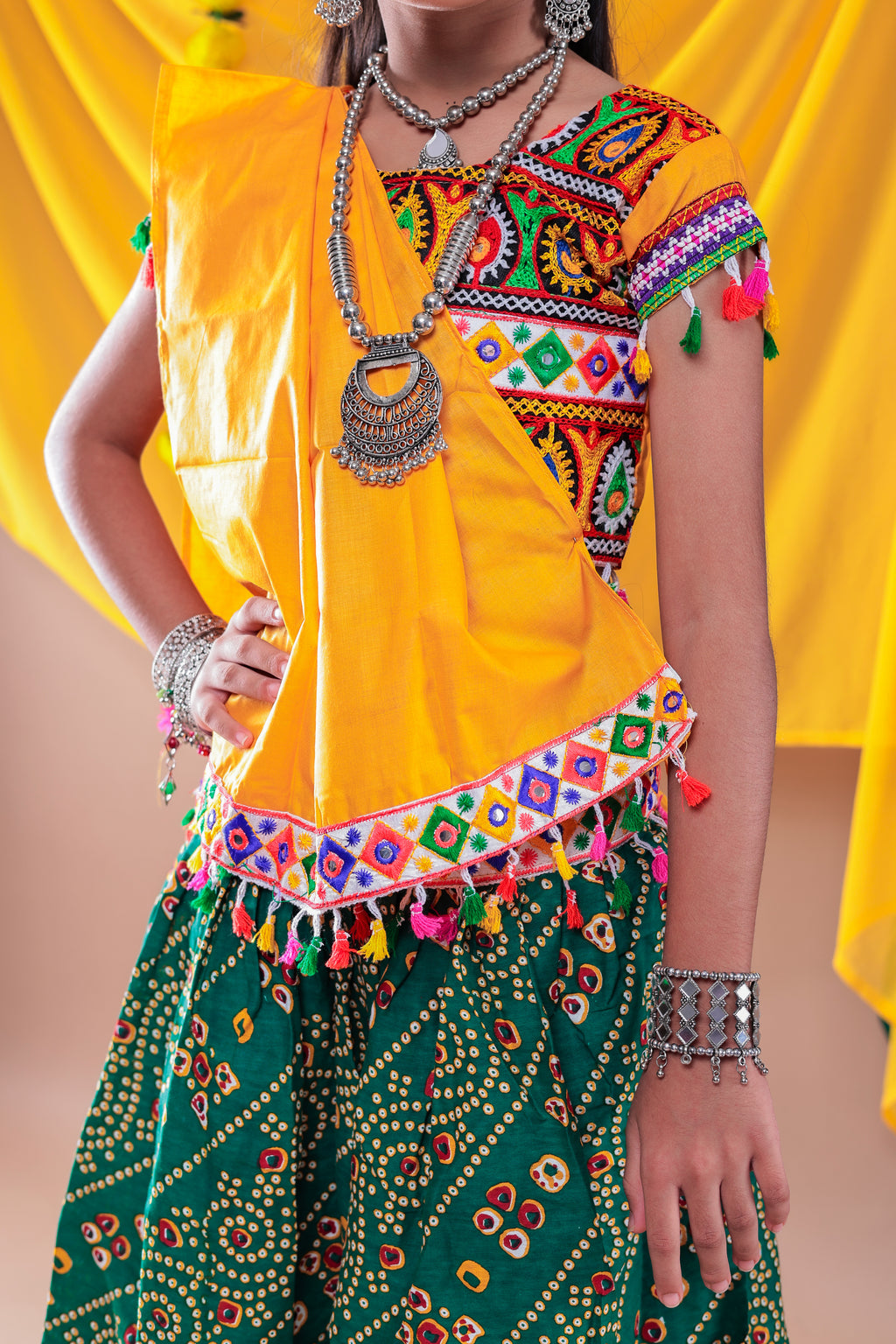 Banjara India Kutchi Emboidered Black Girls Chaniya Choli with Dupatta (CC1-RJS) - Green