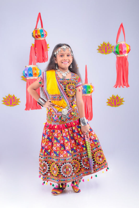 Banjara India Kutchi Embroidered Girls Chaniya Choli with Dupatta (CC1-BWR) - Red