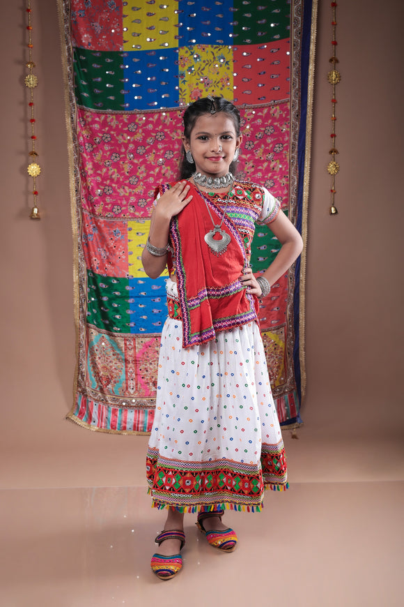 Banjara India Kutchi Emboidered Black Girls Chaniya Choli with Dupatta (CC-DOT) - White