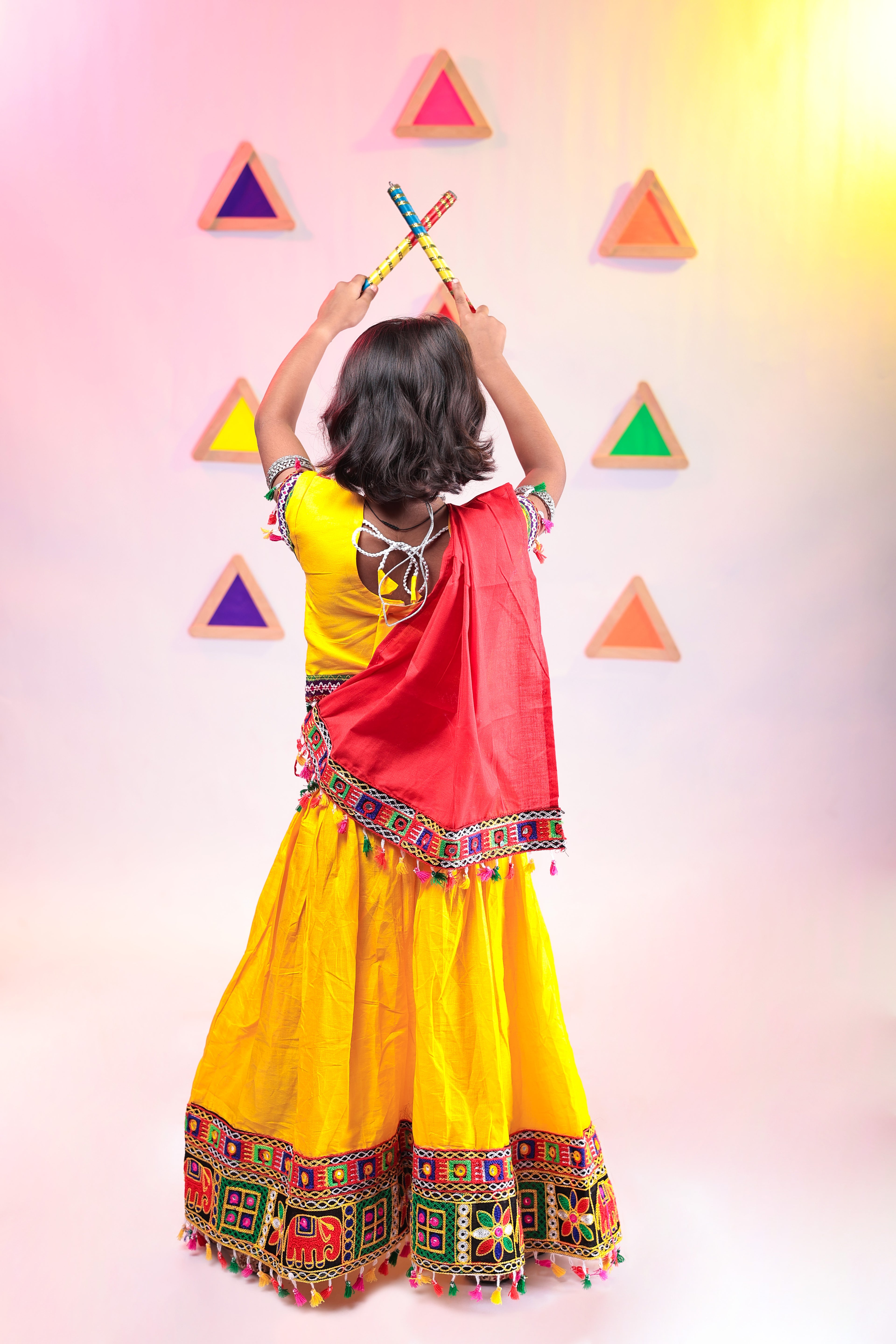 Banjara India Kutchi Emboidered Black Girls Chaniya Choli with Dupatta (CC1-WILD) - Yellow