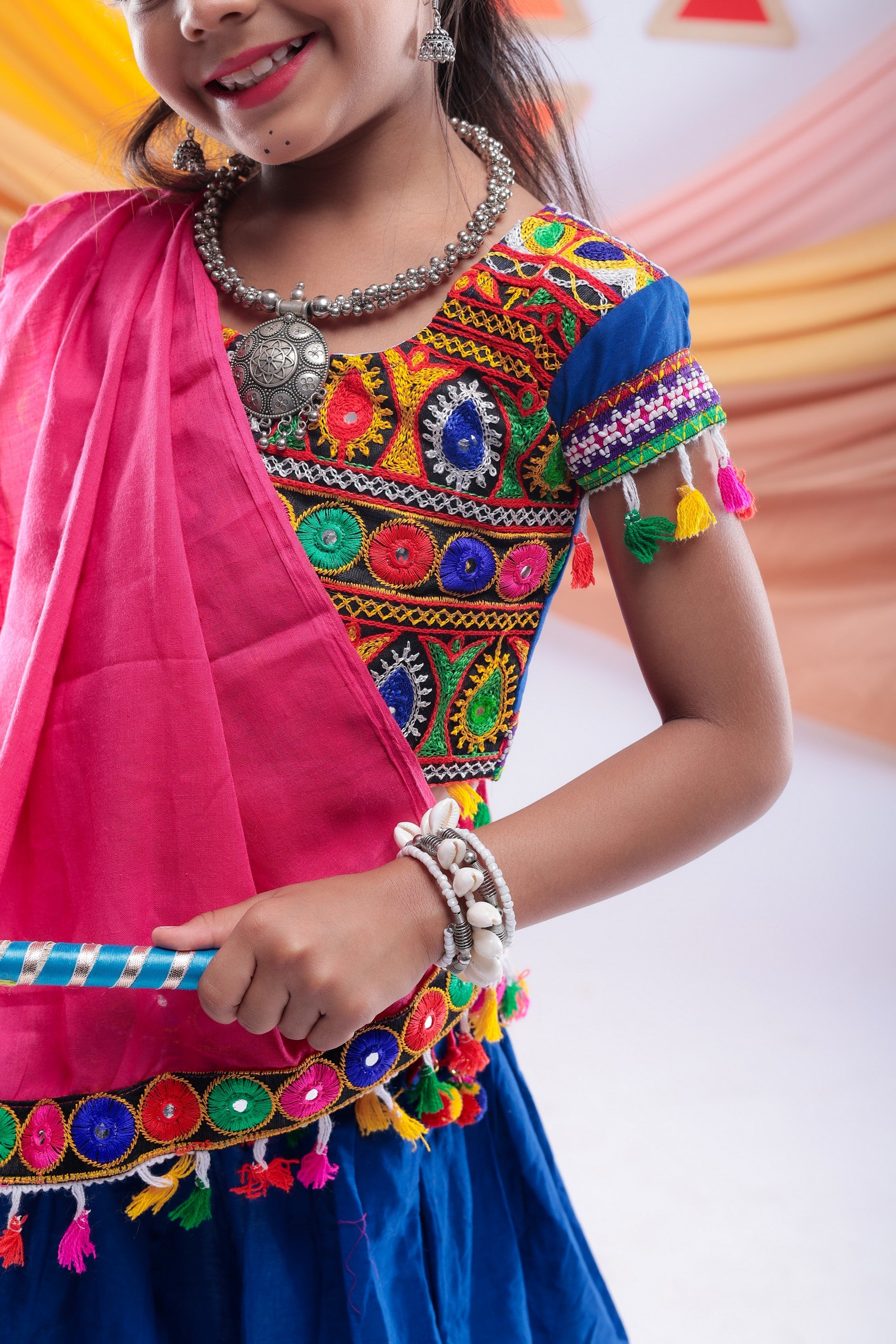 Banjara India Kutchi Emboidered Pink Girls Chaniya Choli with Dupatta (CC1-DROP) - BLUE