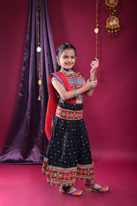 Banjara India Kutchi Emboidered Black Girls Chaniya Choli with Dupatta (CC-DOT) - Black