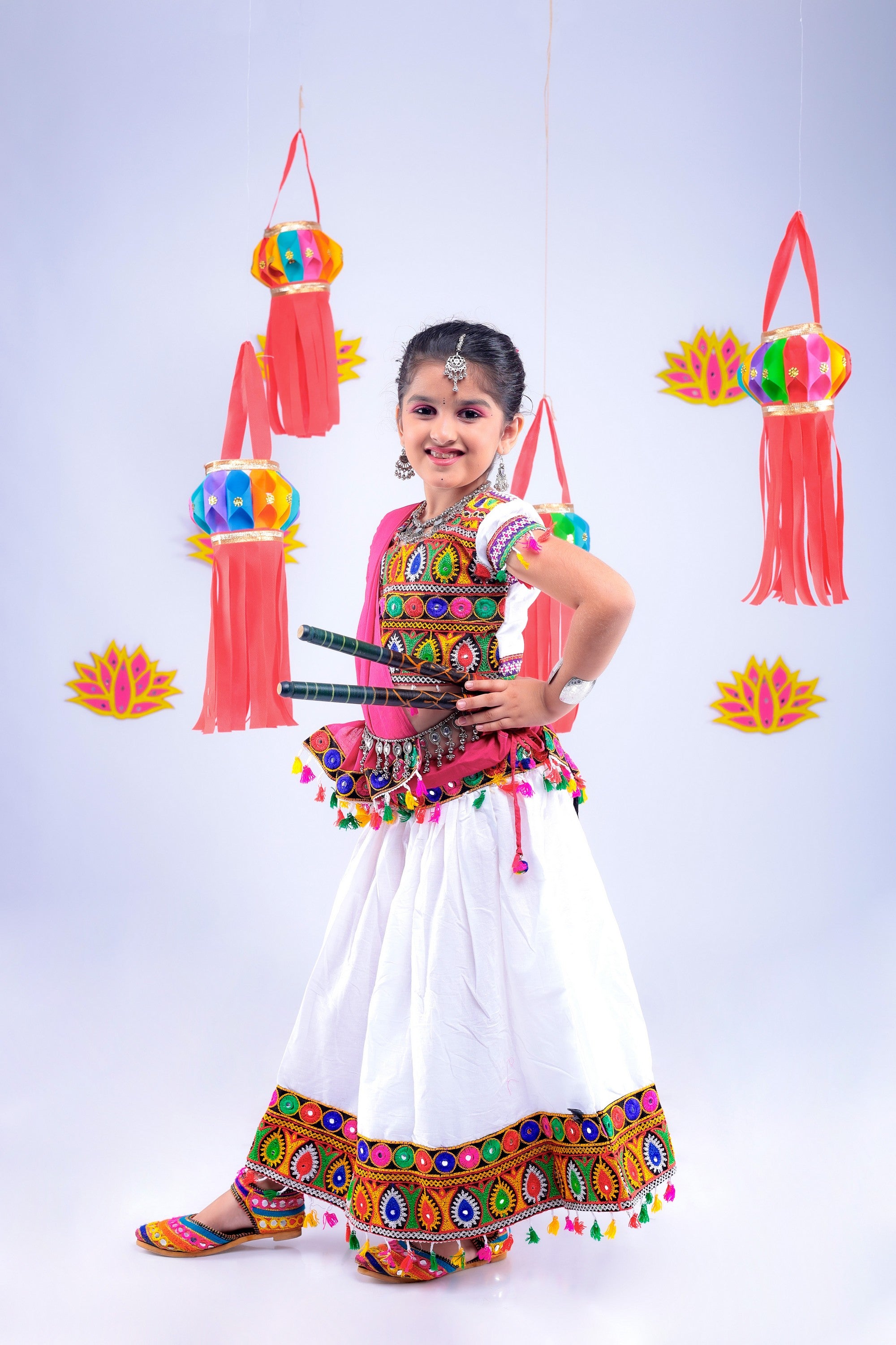 Banjara India Kutchi Emboidered Orange Girls Chaniya Choli with Dupatta (CC1-DROP) - White