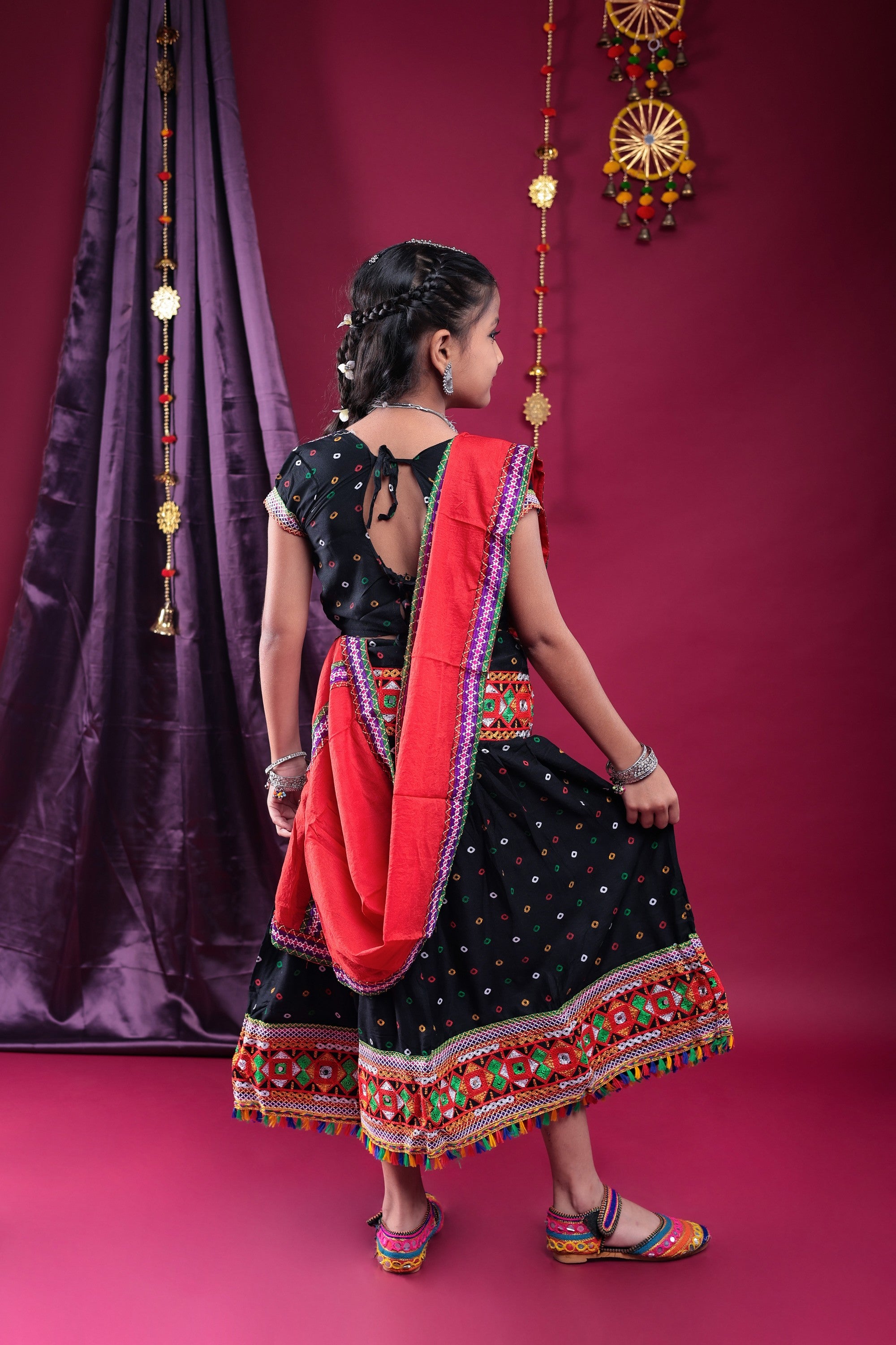 Banjara India Kutchi Emboidered Black Girls Chaniya Choli with Dupatta (CC-DOT) - Black