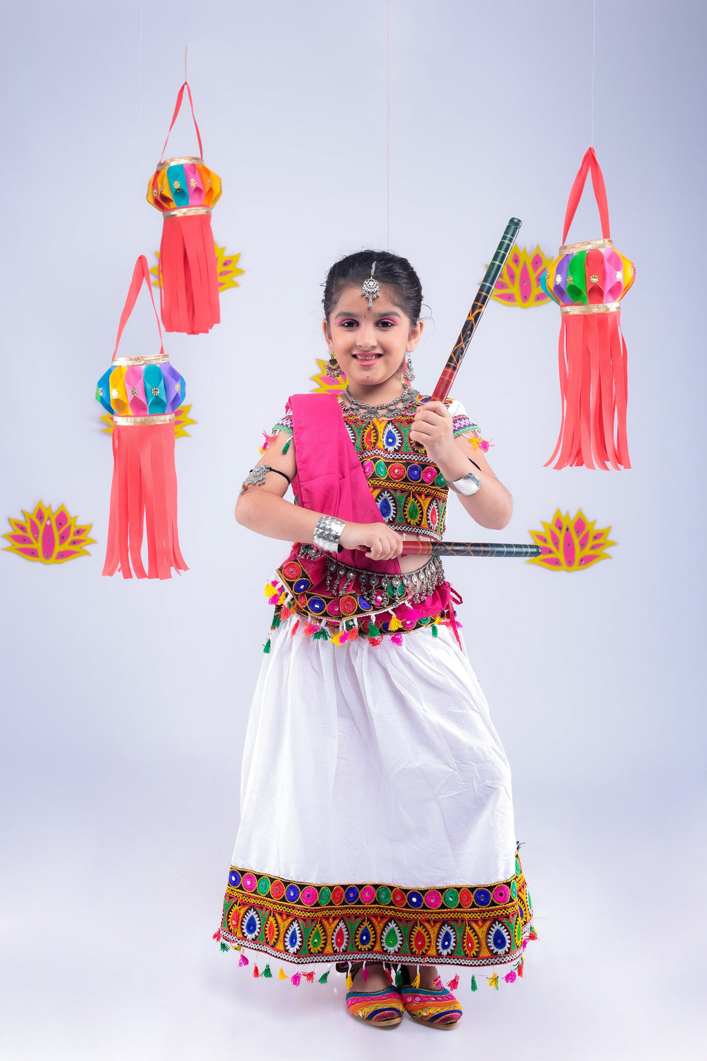 Banjara India Kutchi Emboidered Orange Girls Chaniya Choli with Dupatta (CC1-DROP) - White