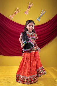 Banjara India Kutchi Emboidered Black Girls Chaniya Choli with Dupatta (CC-DOT) - Orange