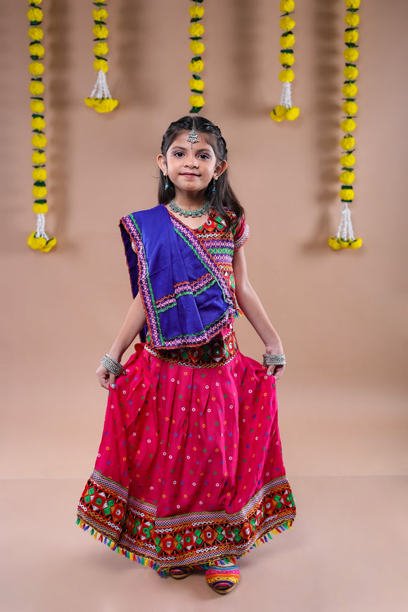 Banjara India Kutchi Emboidered Black Girls Chaniya Choli with Dupatta (CC-DOT) - Pink