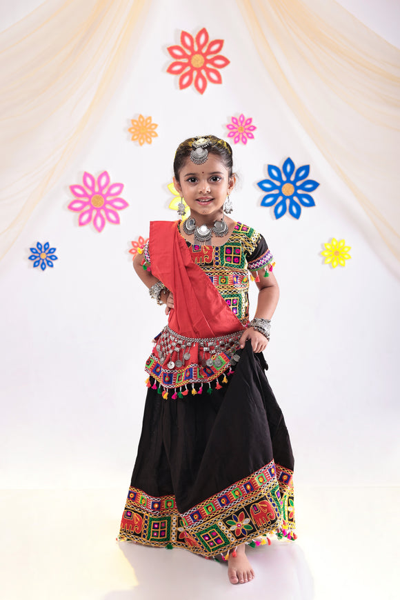 Banjara India Kutchi Emboidered Black Girls Chaniya Choli with Dupatta (CC1-WILD) - Black