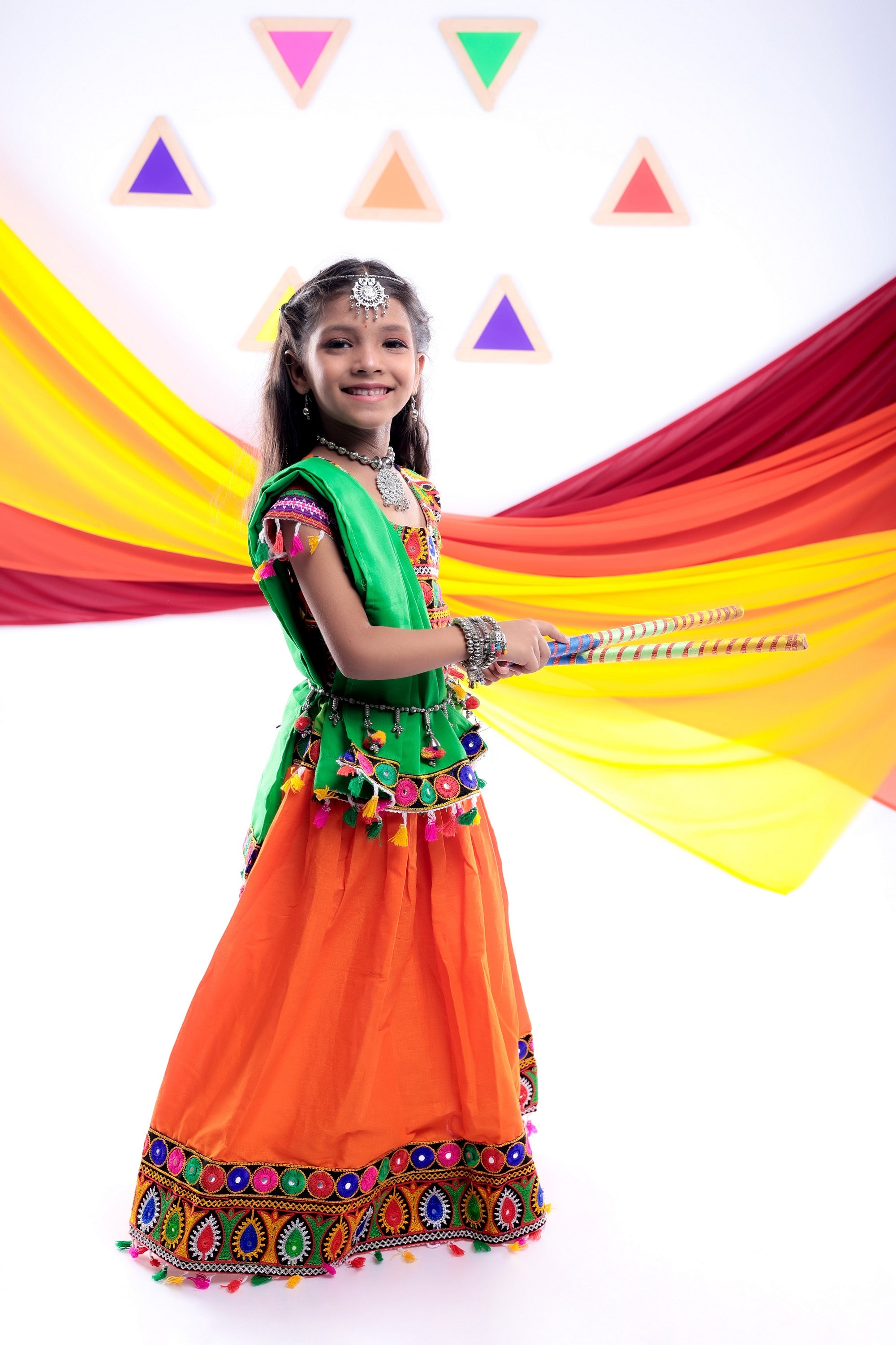 Banjara India Kutchi Embroidered Red Girls Chaniya Choli with Dupatta (CC1-DROP) - Orange