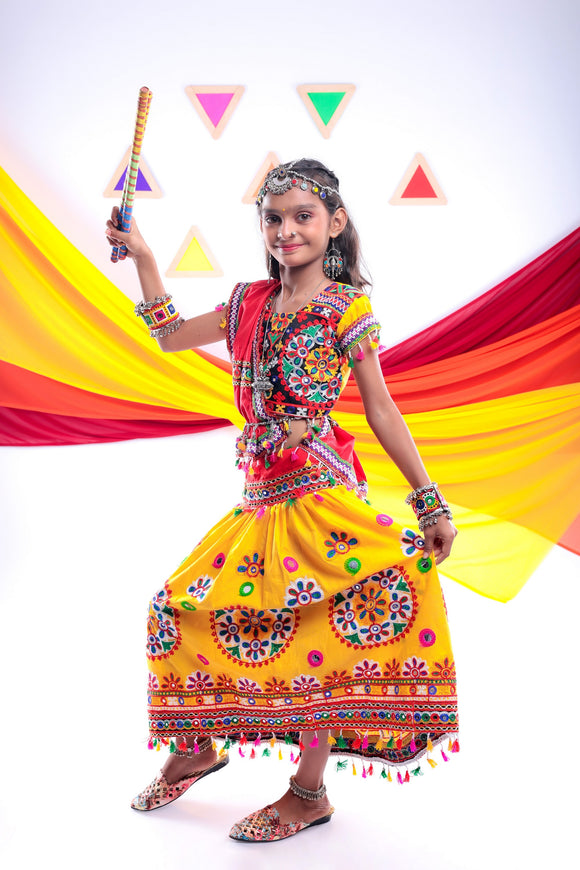 Banjara India Kutchi Emboidered Yellow Girls Chaniya Choli with Dupatta (CC-RING) - Yellow