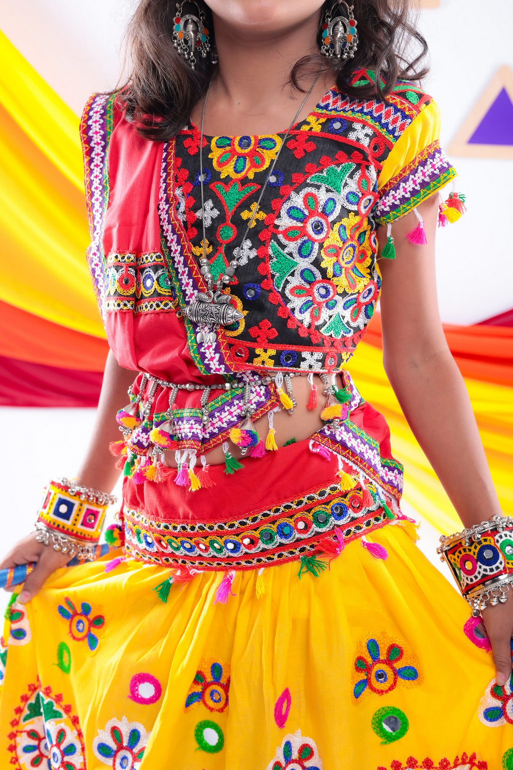 Banjara India Kutchi Emboidered Yellow Girls Chaniya Choli with Dupatta (CC-RING) - Yellow