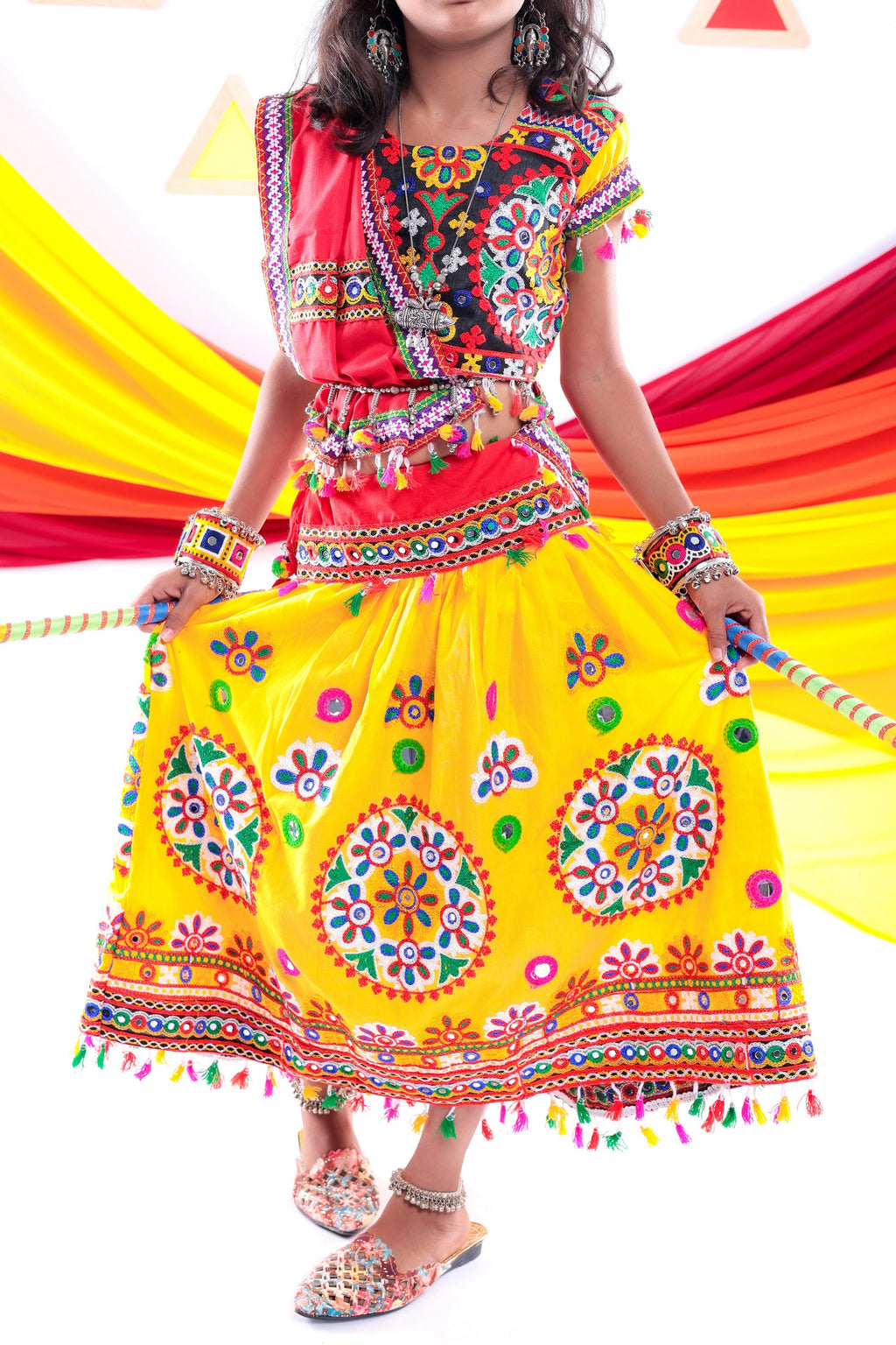 Banjara India Kutchi Emboidered Yellow Girls Chaniya Choli with Dupatta (CC-RING) - Yellow