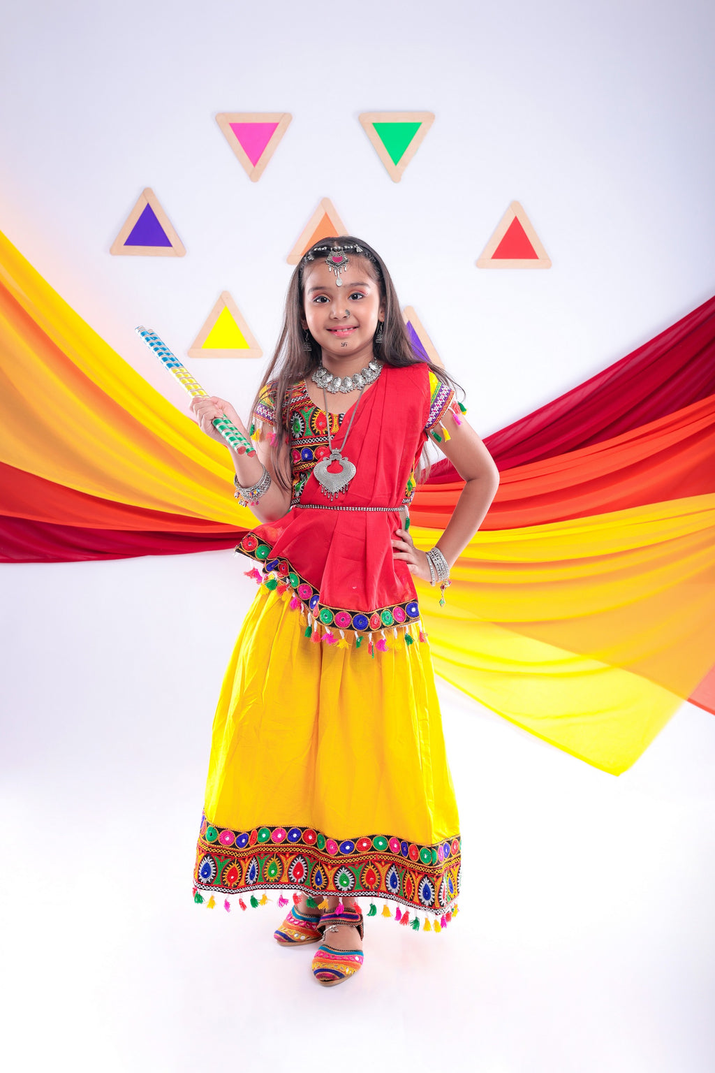 Banjara India Kutchi Emboidered White Girls Chaniya Choli with Dupatta (CC1-DROP) - Yellow