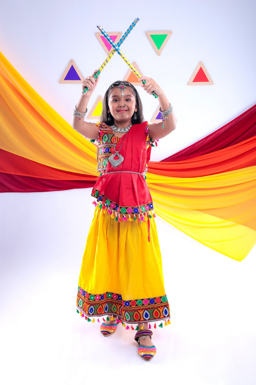 Banjara India Kutchi Emboidered White Girls Chaniya Choli with Dupatta (CC1-DROP) - Yellow