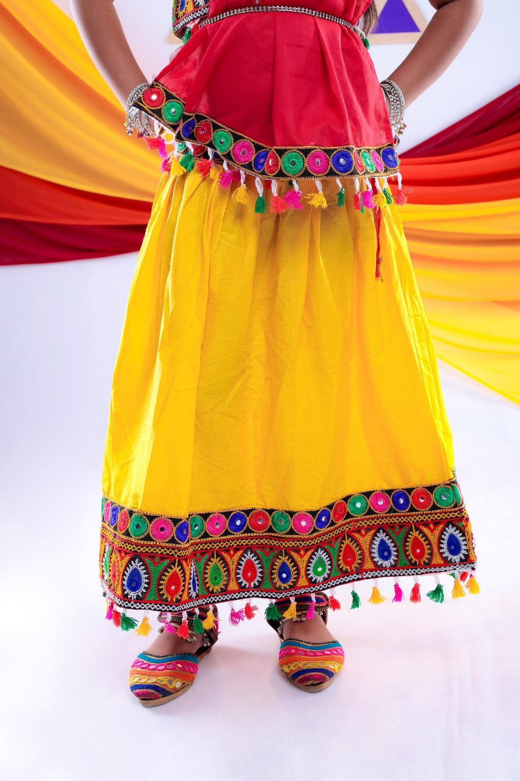 Banjara India Kutchi Emboidered White Girls Chaniya Choli with Dupatta (CC1-DROP) - Yellow