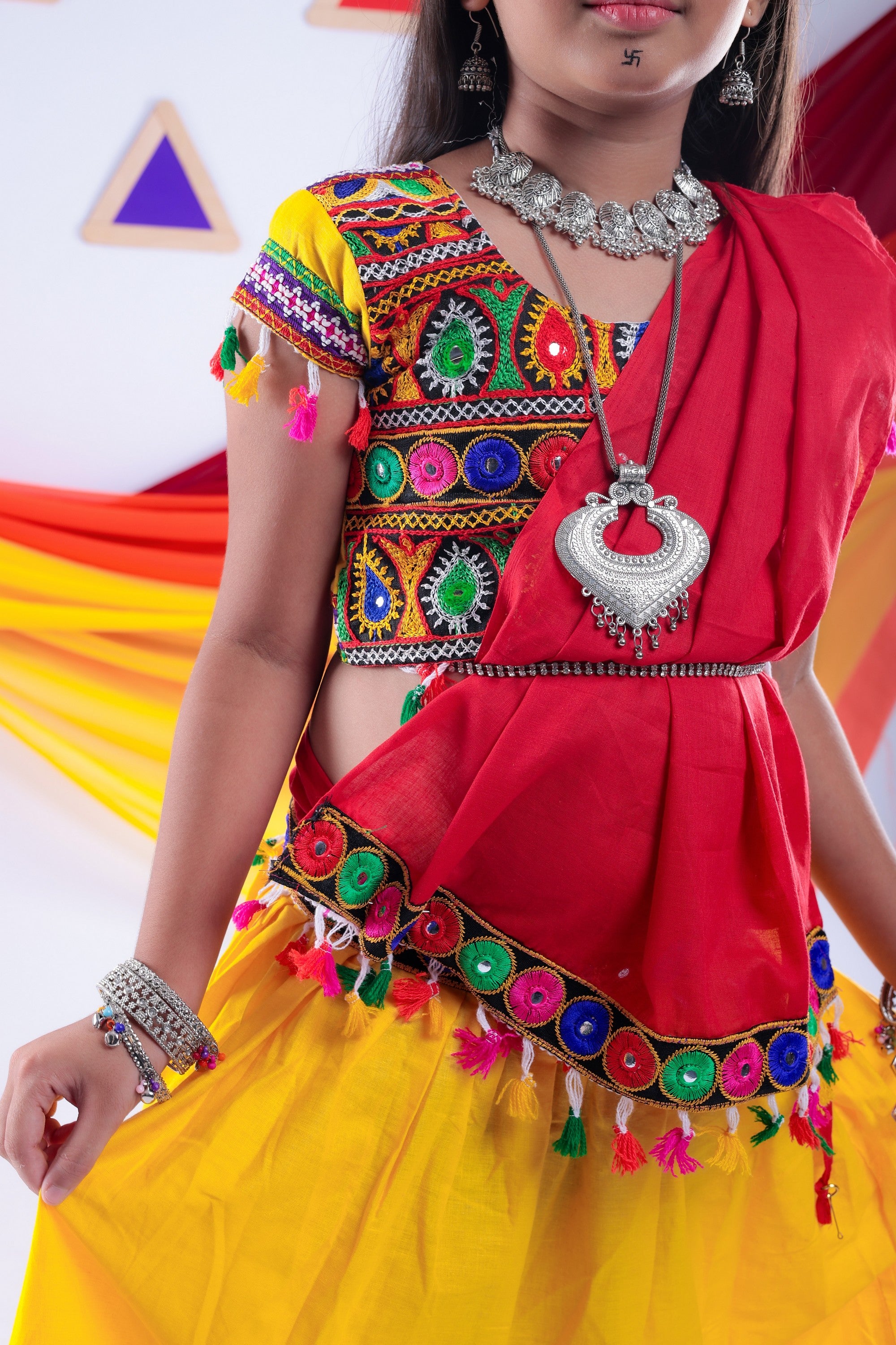 Banjara India Kutchi Emboidered White Girls Chaniya Choli with Dupatta (CC1-DROP) - Yellow