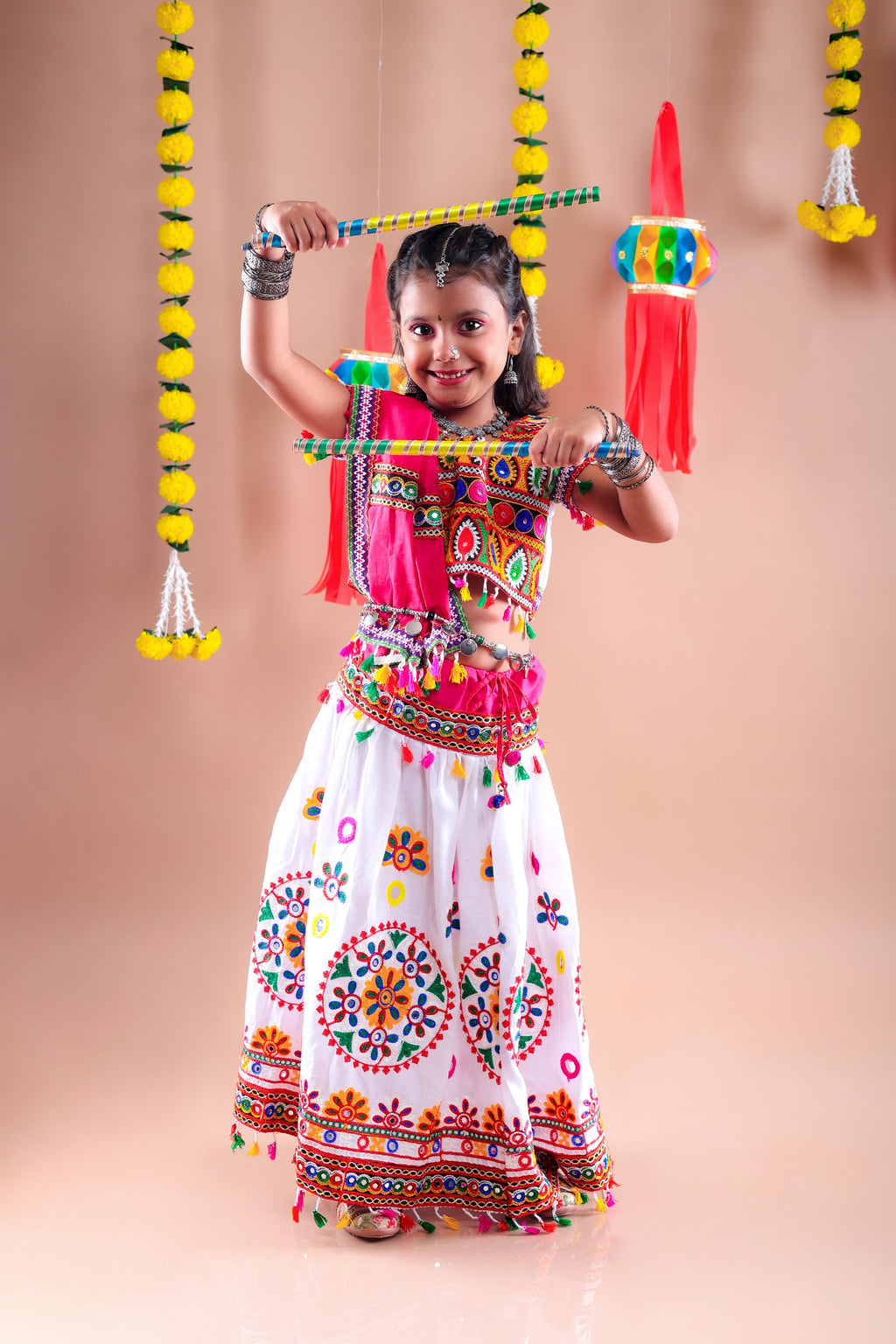 Banjara India Kutchi Emboidered White Girls Chaniya Choli with Dupatta (CC-RING) - WHITE
