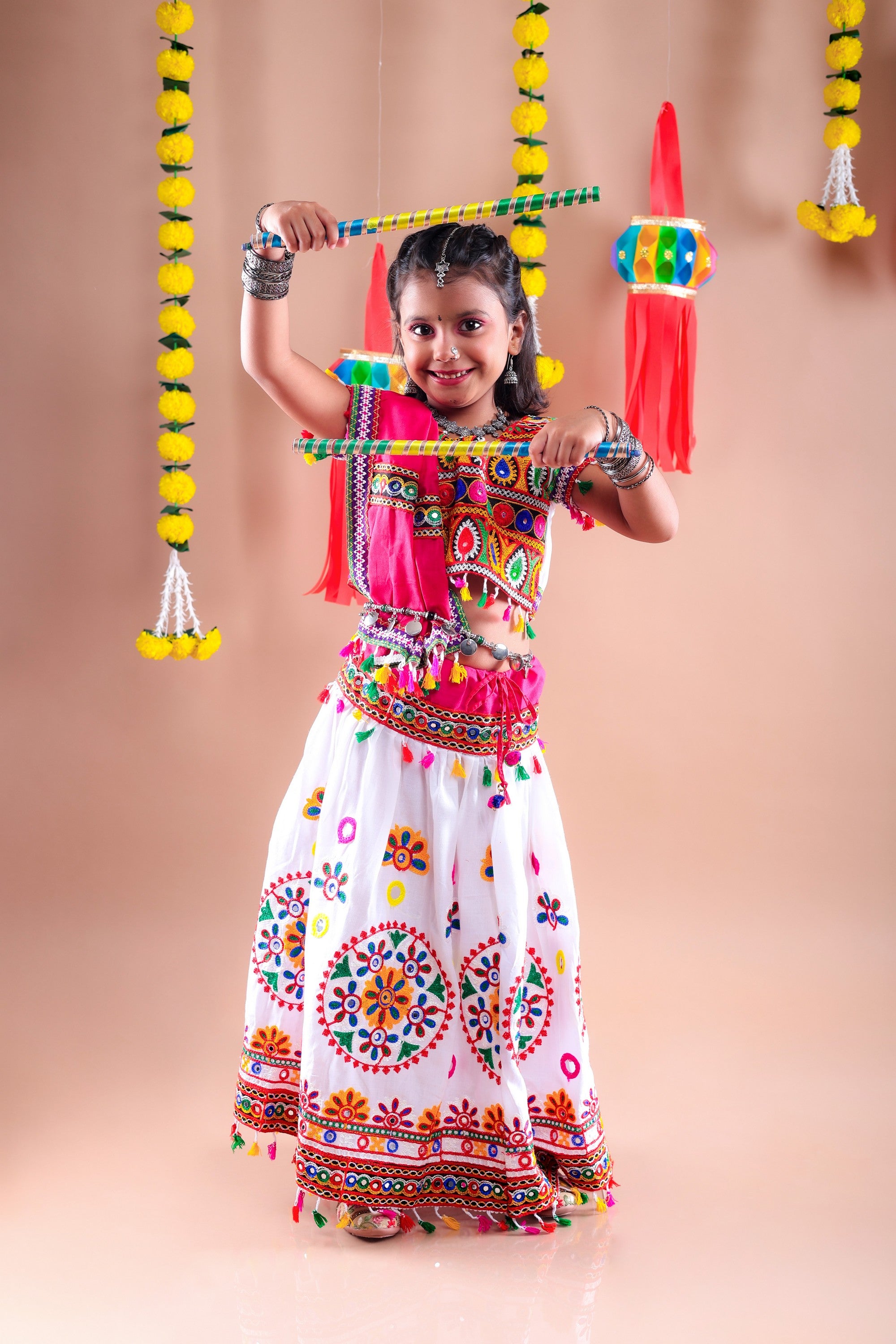 Banjara India Kutchi Emboidered White Girls Chaniya Choli with Dupatta (CC-RING) - WHITE