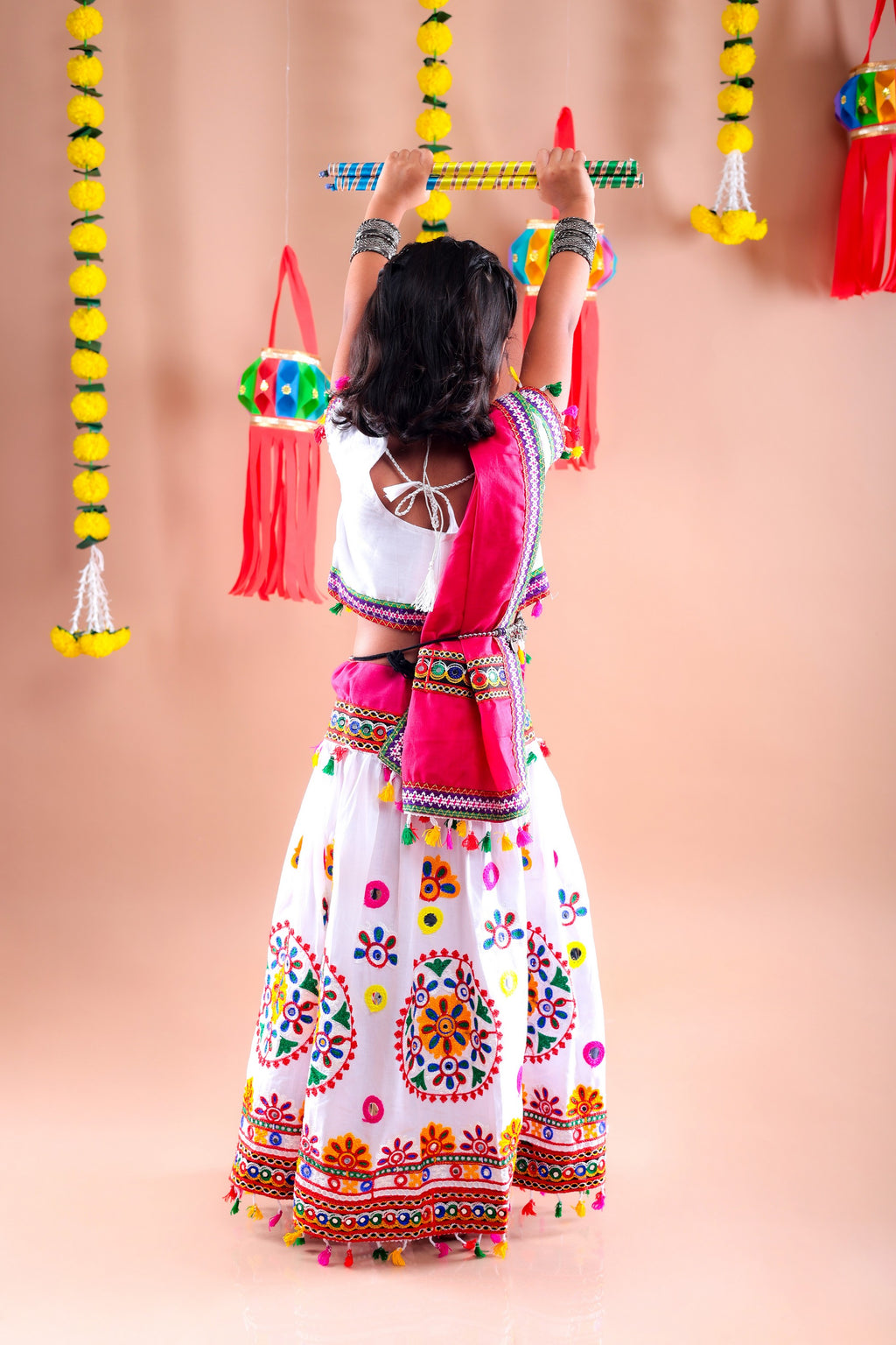 Banjara India Kutchi Emboidered White Girls Chaniya Choli with Dupatta (CC-RING) - WHITE