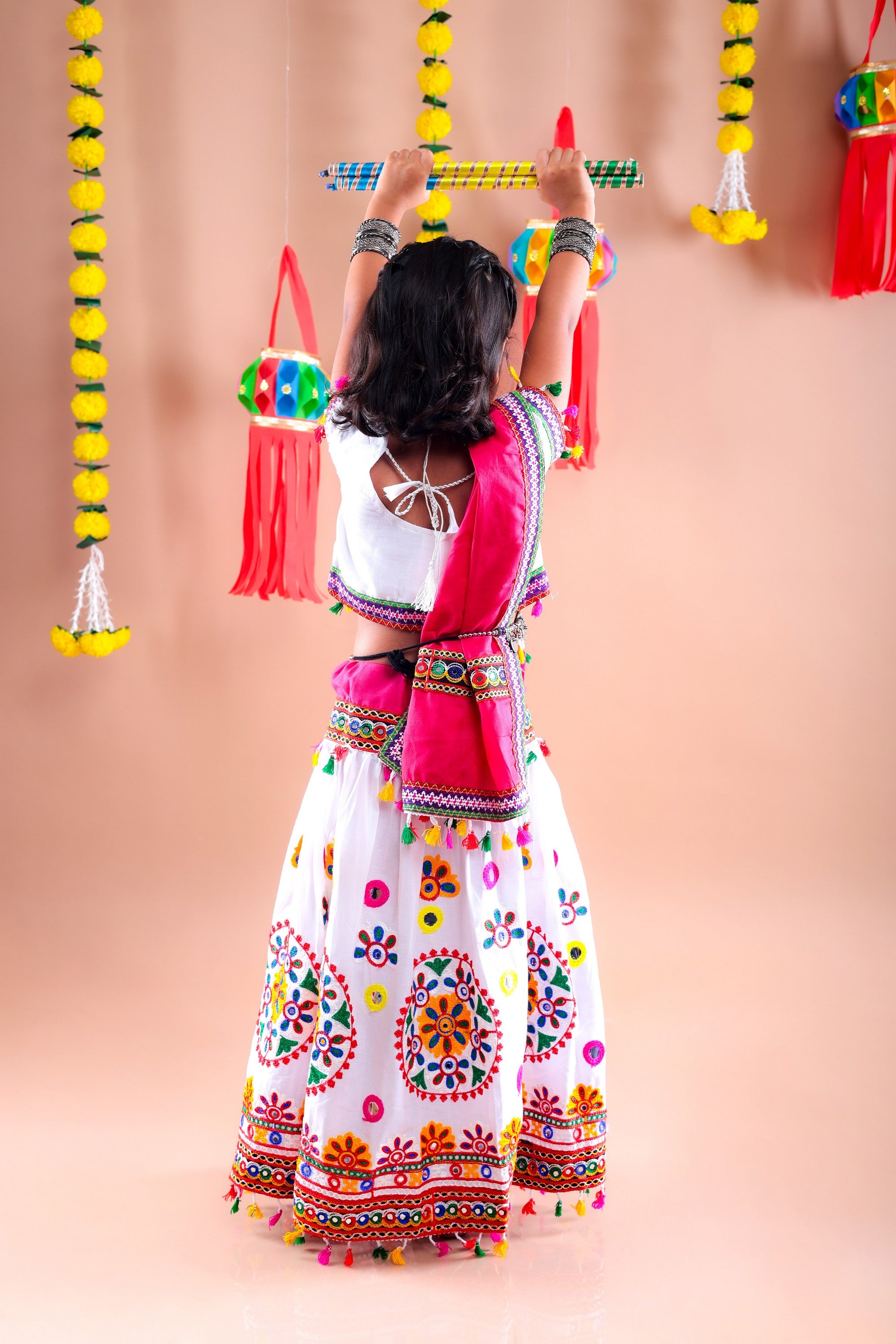 Banjara India Kutchi Emboidered White Girls Chaniya Choli with Dupatta (CC-RING) - WHITE
