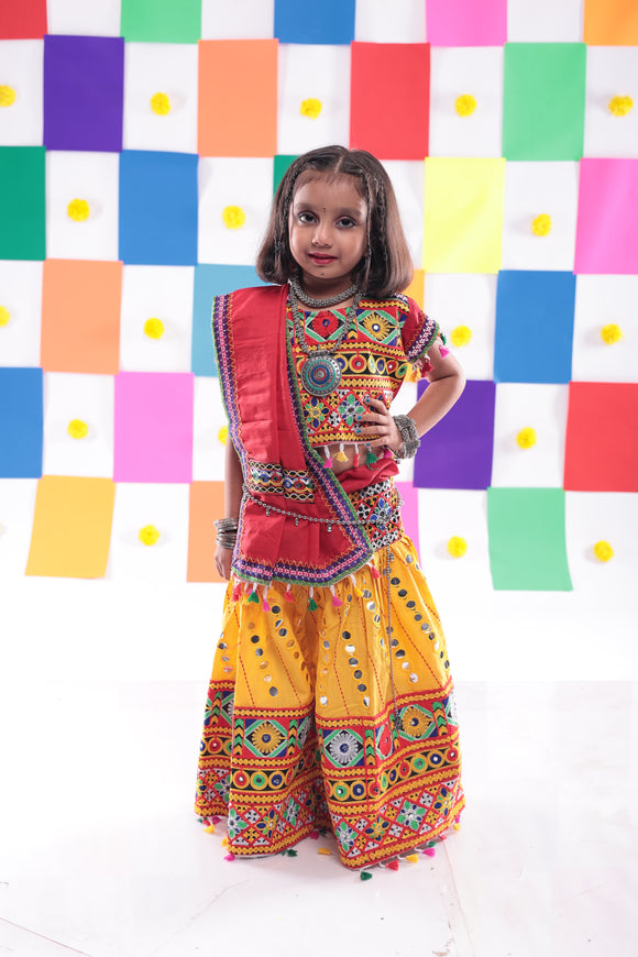 Banjara India Kutchi Emboidered Yellow Girls Chaniya Choli with Dupatta (CC-RSGL) - YELLOW