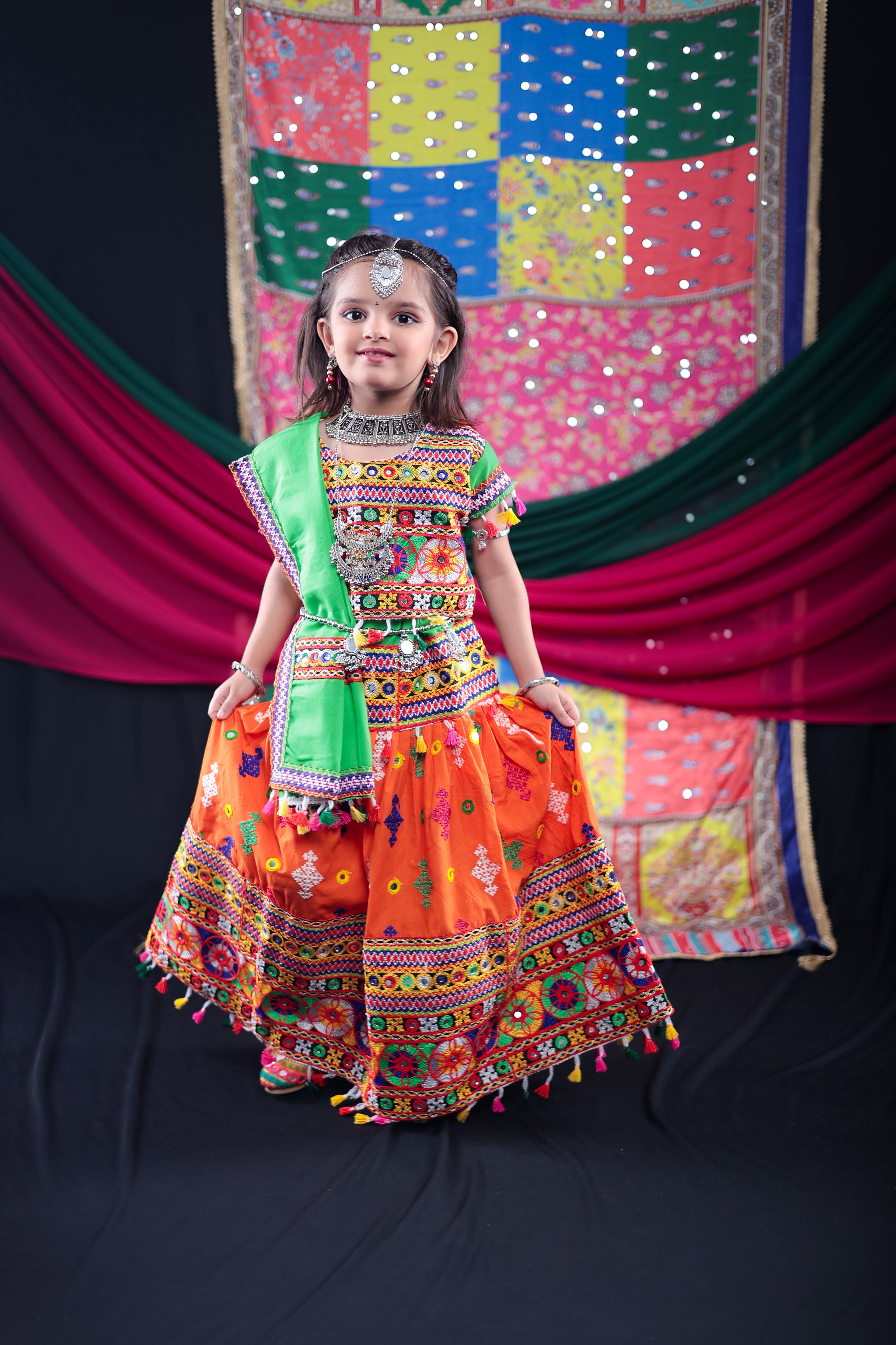 Banjara India Kutchi Emboidered Orange Girls Lehenga Choli with Dupatta (CC-BTTA) - Orange