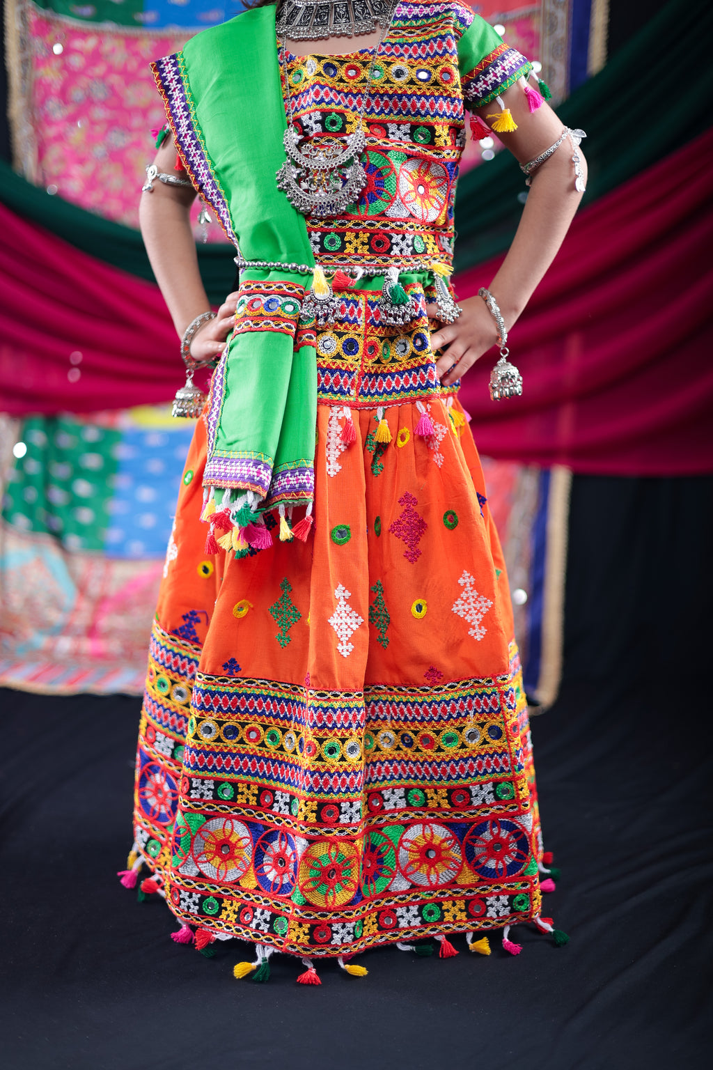 Banjara India Kutchi Emboidered Orange Girls Lehenga Choli with Dupatta (CC-BTTA) - Orange