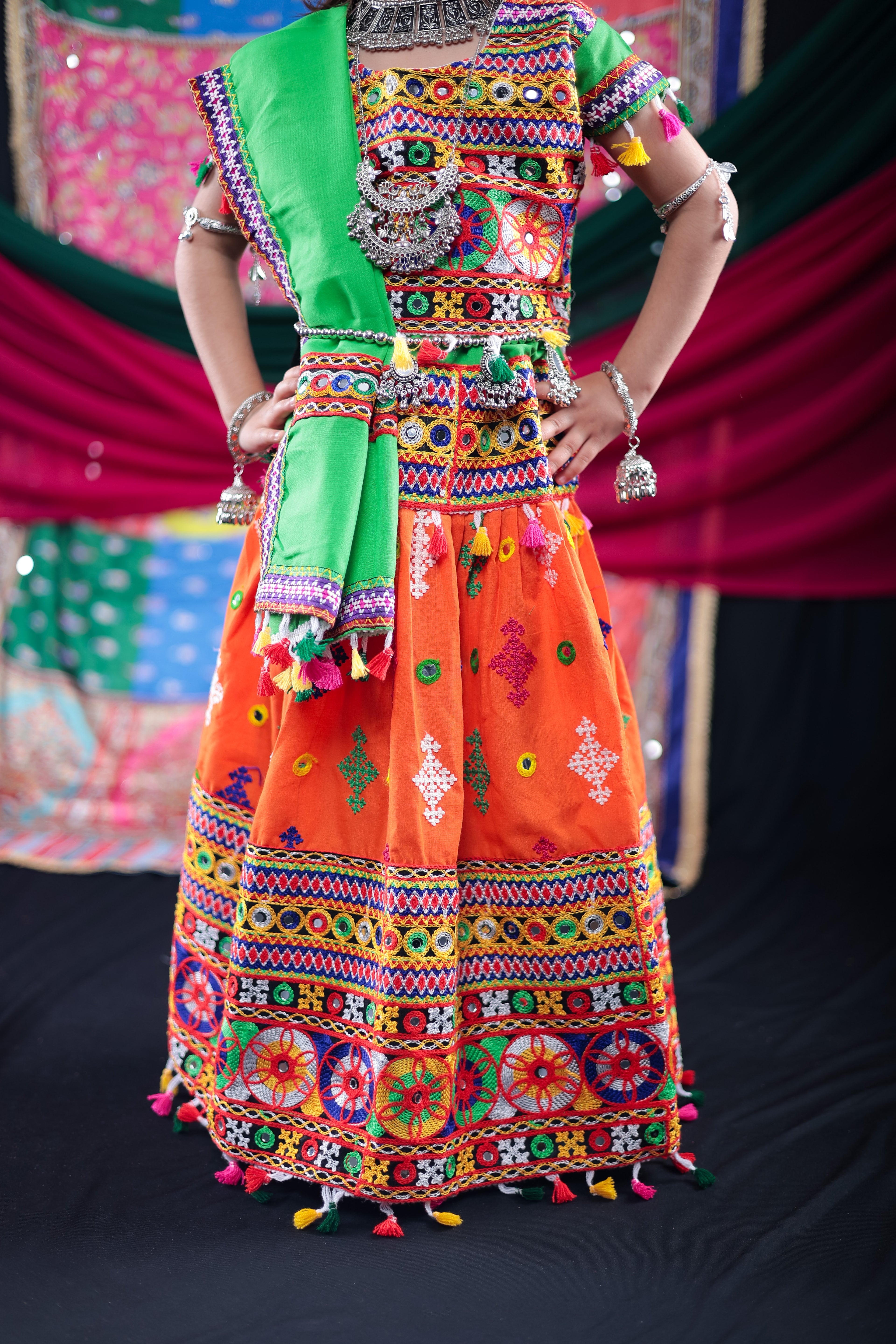 Banjara India Kutchi Emboidered Orange Girls Lehenga Choli with Dupatta (CC-BTTA) - Orange