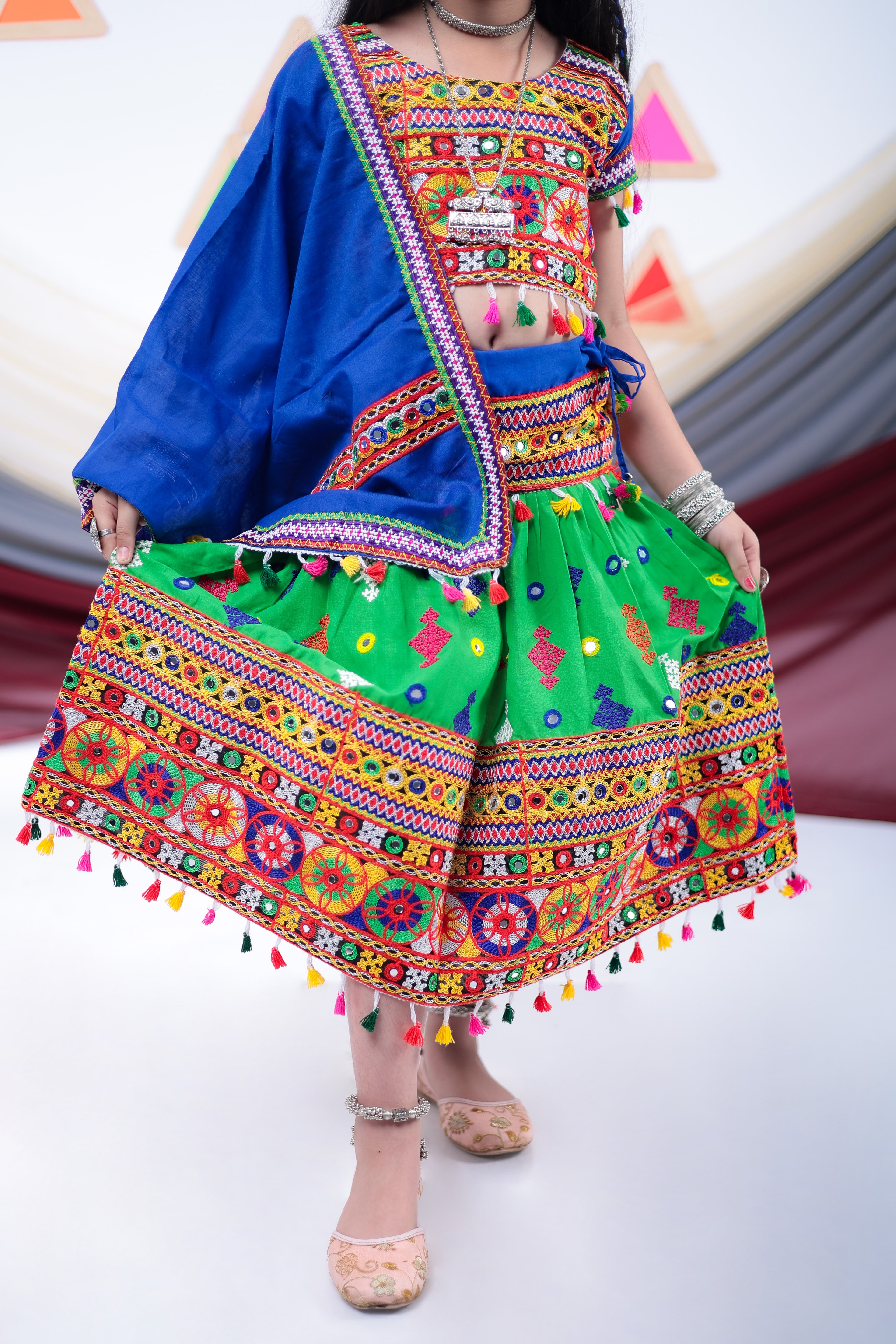 Banjara India Kutchi Emboidered Green Girls Lehenga Choli with Dupatta (CC-BTTA) - Green
